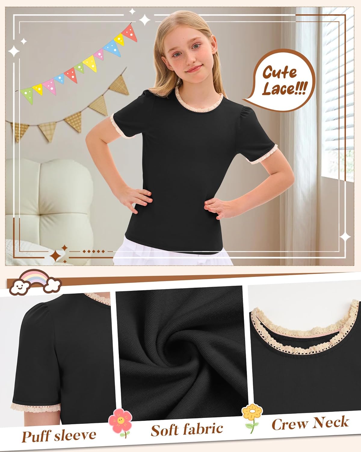 Girls Puff Short Sleeve Shirts Lace Crewneck Lettuce Trim Top Kids Tween Comfy Summer Cute Toddler Uniform Tee - Image 5