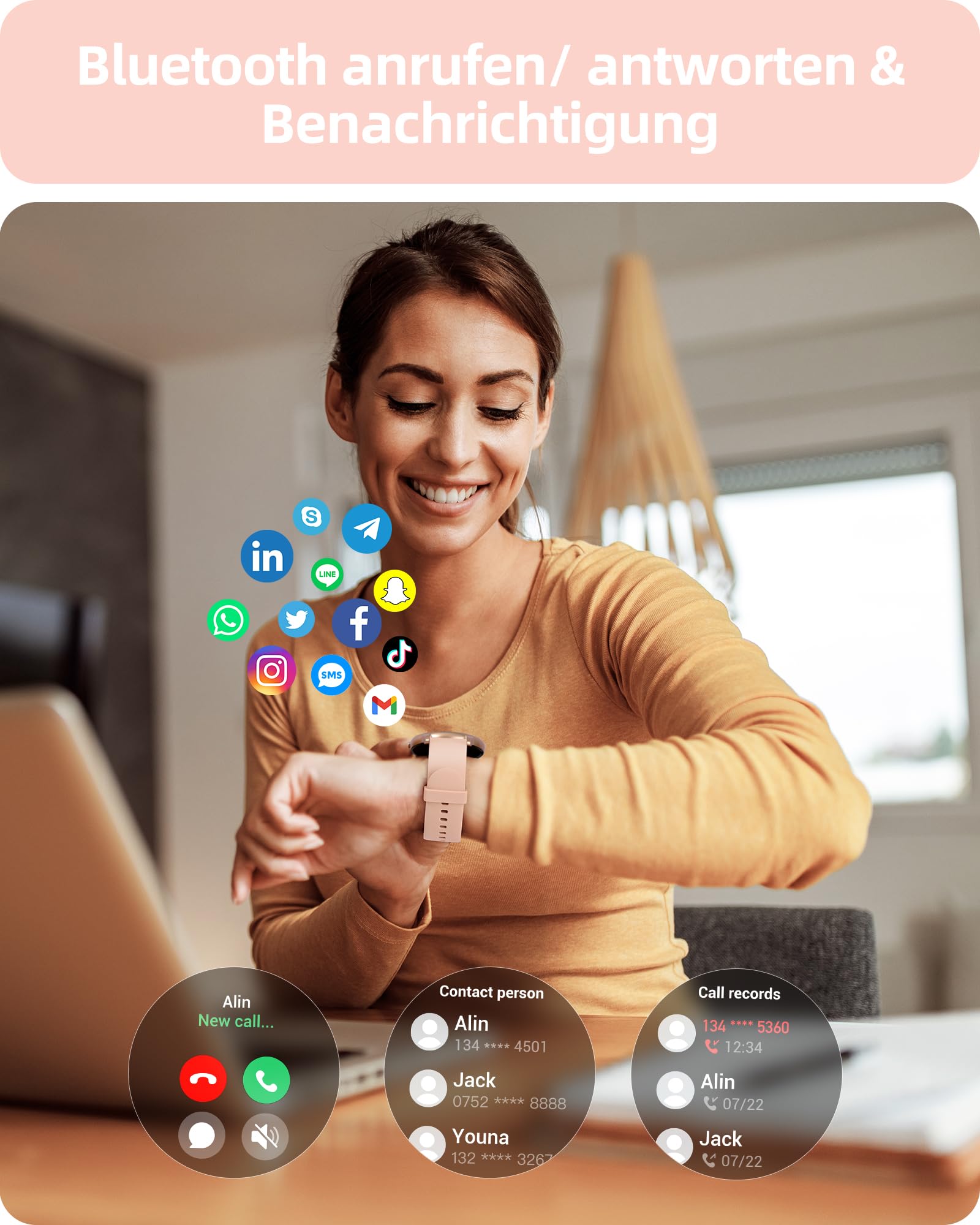 Parsonver Smartwatch Damen Rund mit Telefonfunktion, Fitnessuhr Frauen Schrittzähler, 100+ Sportmodi, IP68 Wasserdicht, Herzfrequenz Schlafmonitor SpO2, Roségold