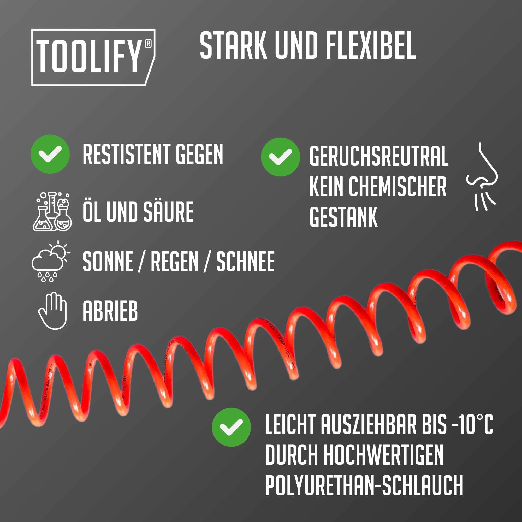 leichter Druckluft Spiralschlauch 7,5 m mit Sicherheitskupplung für Kompressor | Pneumatik Schlauch PU flexibel bis -10 °C | knickfest | ölbeständig | selbst zusammenziehend | max 10 bar