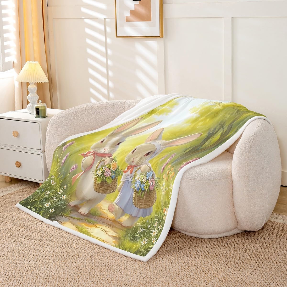 Rabbit Blanket Twin 60x80 Cartoon Jungle Animal Blanket for Kids Teens Boys Girls Dreamy Fairy Tale Sherpa Blanket Lightweight Spring Theme Flower Blanket Living Room Decor