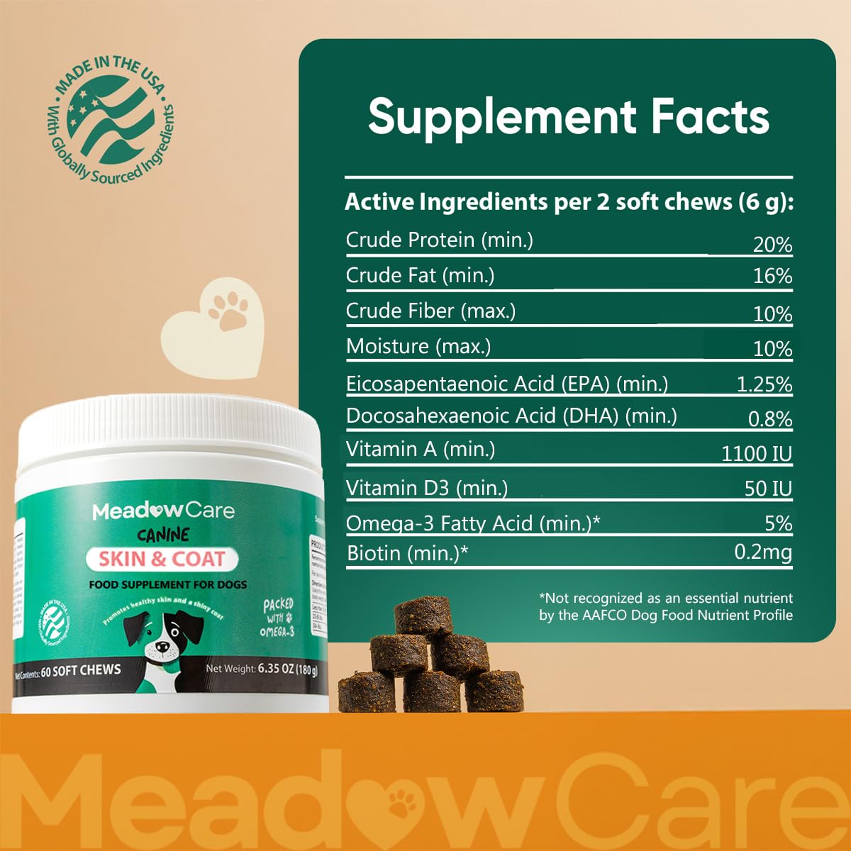Skin and Coat Supplement for Dogs | Omega 3 Fatty Acid Formula to Support Canine Healthy Skin, Reduce Shedding, and Improve a Glossy, Shiny Coat | 60 Tasty Soft Chews 180g (6.35 oz) | by MeadowCare — Amazon image 3