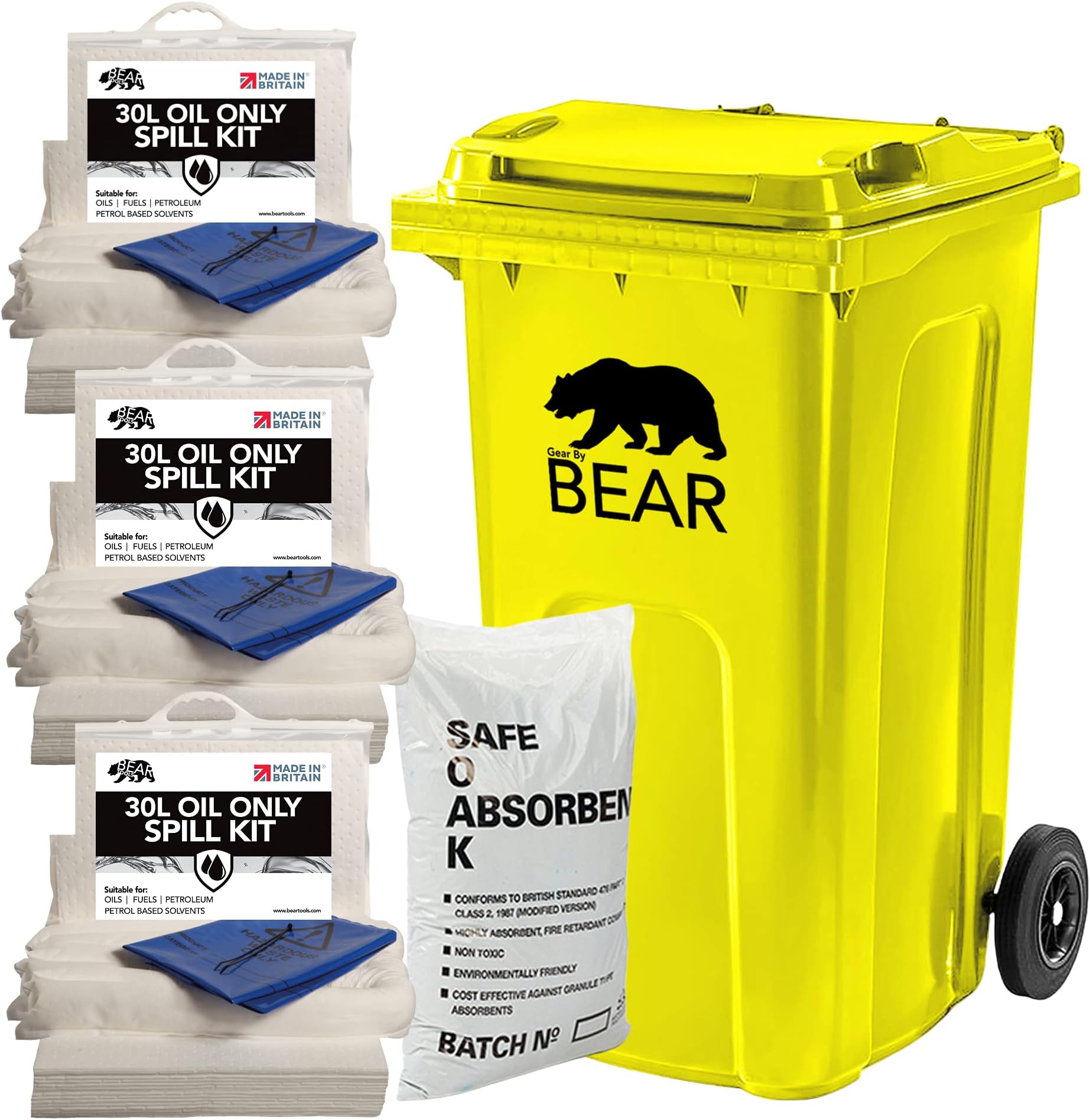 BearTOOLS 120L Spill Kits | White Pads & Socks Absorbs Oil, Fuel, Petrol, HVO, Hydraulic Fluid | UK Manufactured, With Wheeled Yellow Bin, Complete Clip-top Kit + Organic Flame Retardant Compound