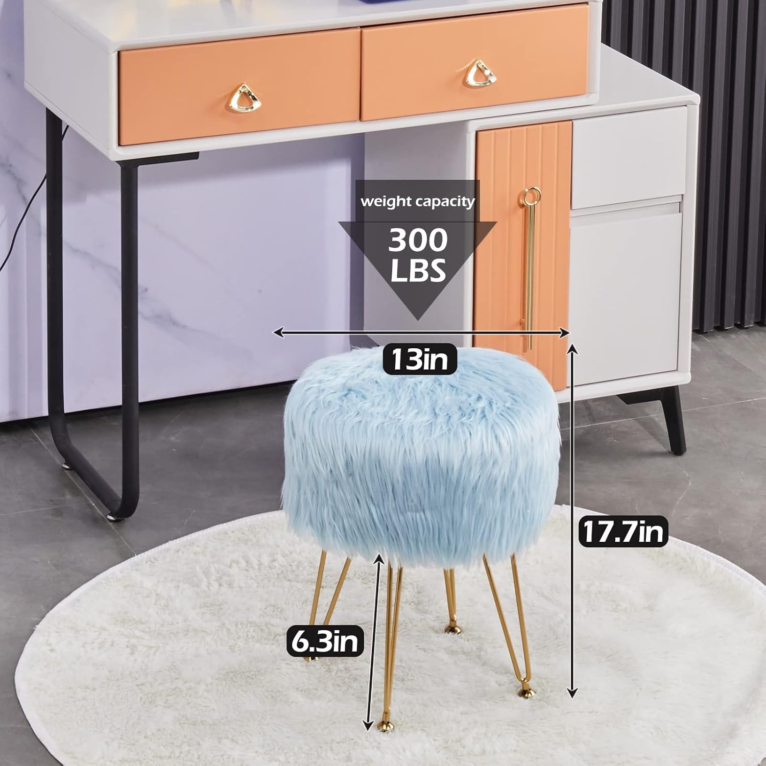 Mxfurhawa Faux Fur Storage Ottoman Round Furry Vanity Stool Marble Grain Tray Coffee Table Compact Footrest Stool with 4 Metal Legs Soft Makeup Seat Foot Stools for Living Room Bedroom Entryway Blue