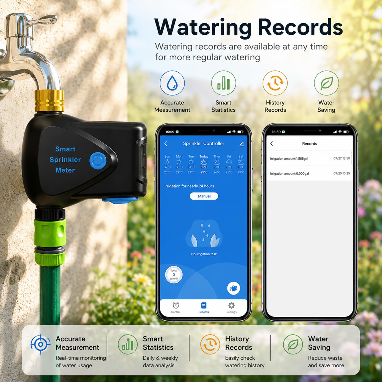 WiFi Bewässerungstimer mit Wasserzähler, Smarter Sprinkler-Timer für Garten und Rasen, App- und Alexa-Steuerung, Regenverzögerung, IP65 Wasserdicht, 3/4 Zoll Messinganschluss