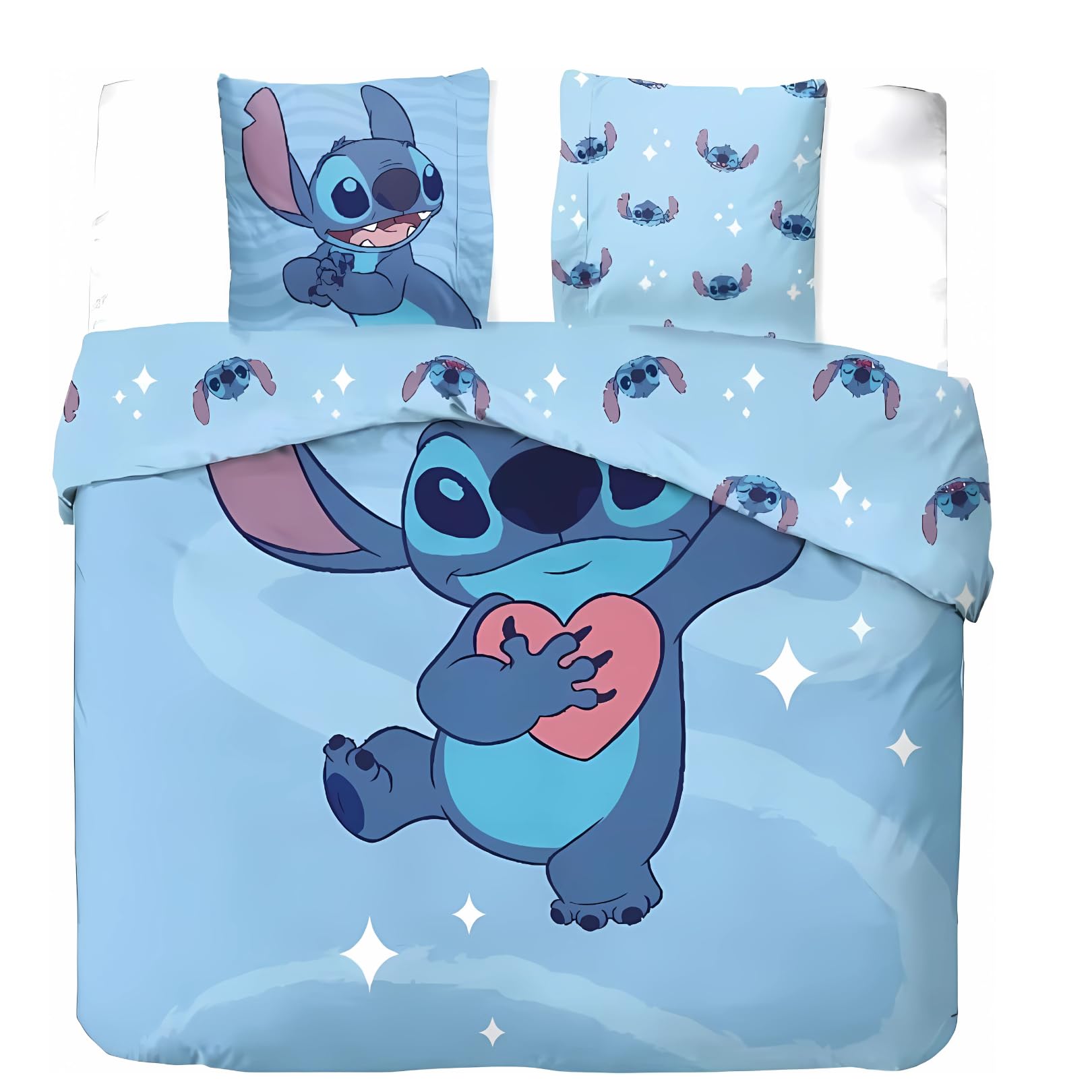Arlis Set Copripiumino Stitch - 1 Copripiumino + 2 federe, 100% Cotone (Set biancheria da letto Lilo & Stitch 2 persone, 240 x 220 cm)