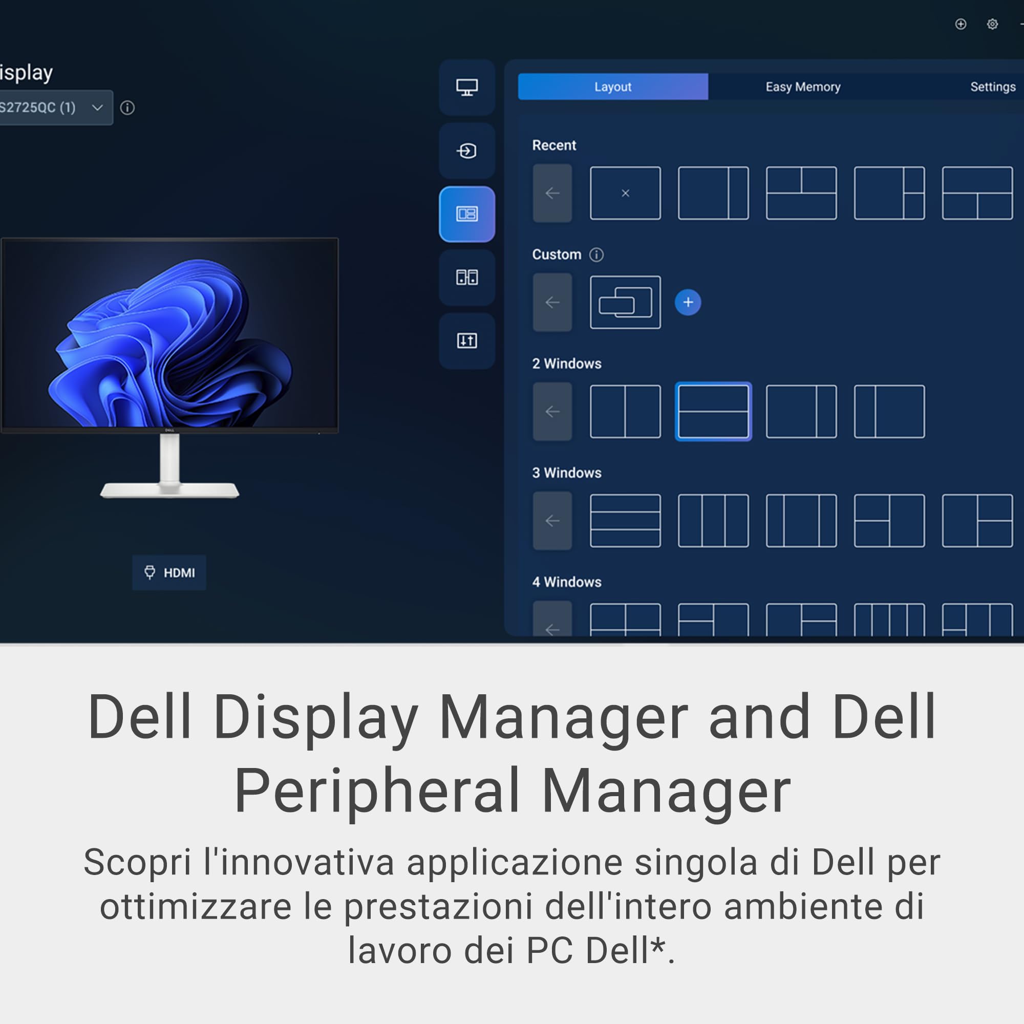 Dell S2725QC 27" 4K UHD IPS Monitor, 120Hz, AMD FreeSync Premium, 99% sRGB, USB-C, Altezza Regolabile