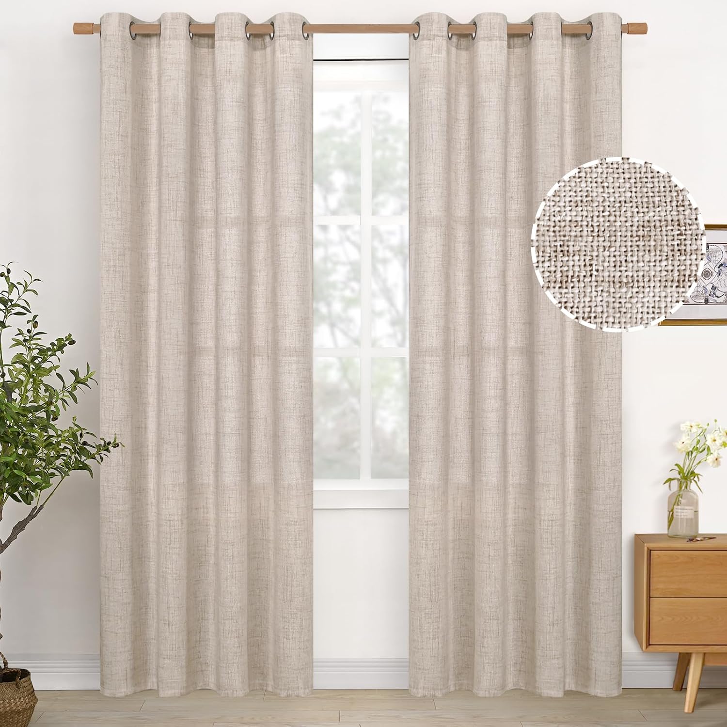 youngstex curtains 84 inch length for living room, beige semi sheer drapes with bronze grommet rustic light filtering window treatments for dining bedroom, 2 panels, 52 x 84 inch 52"w x 84"l (pack of 2) natural