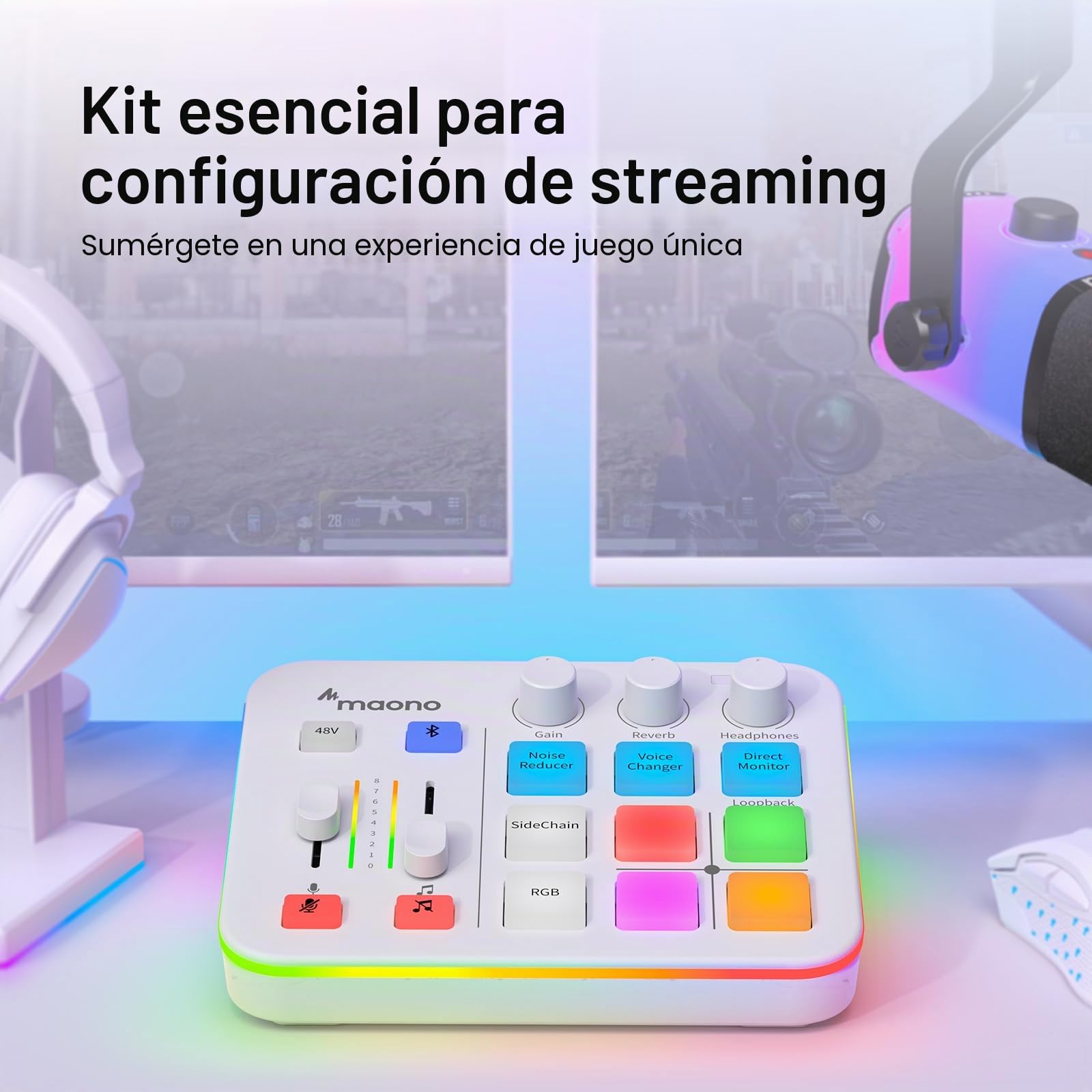 MAONO Mezclador de Audio, Interfaz de Audio con Pre-Amplificador Profesional, RGB, Bluetooth, Alimentación Fantasma de 48V para Transmisiones en Vivo, Podcasting, Creación de Contenido, Gaming
