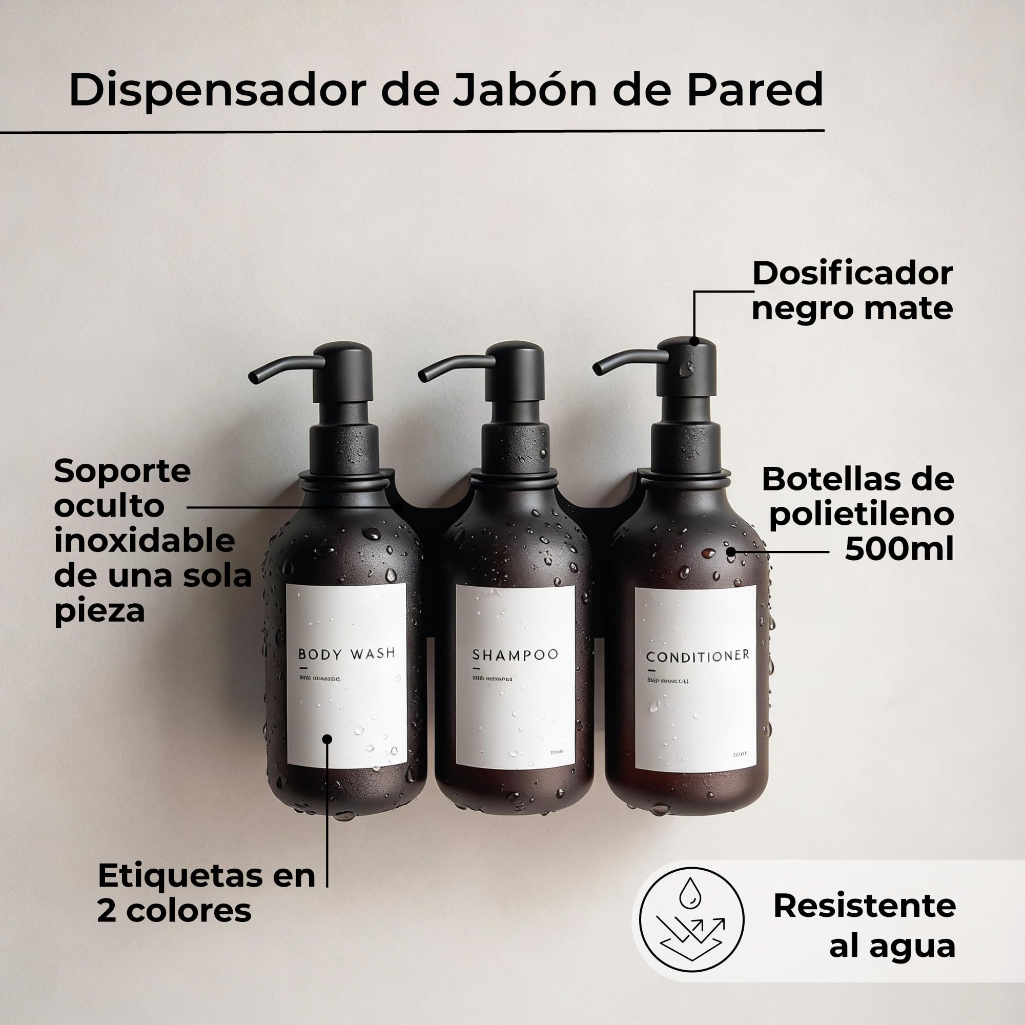 MILUKA Dispensador Jabón Pared con 3 Dosificadores 500 ml - Sin Taladro