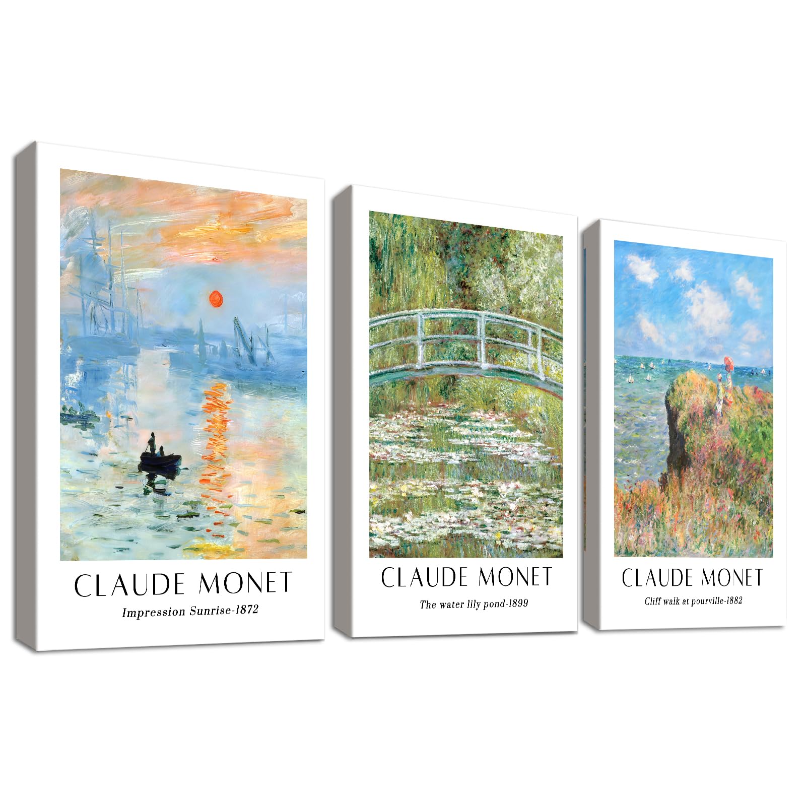 3 Pcs Wooden Framed Canvas Wall Art Set Claude Monet The Water Lily Pond Painting on Canvas Prints Poster Vintage Impressionist Sunrise Pictures for Living Room Bedroom Wall Decor 40x60 cm x3pcs