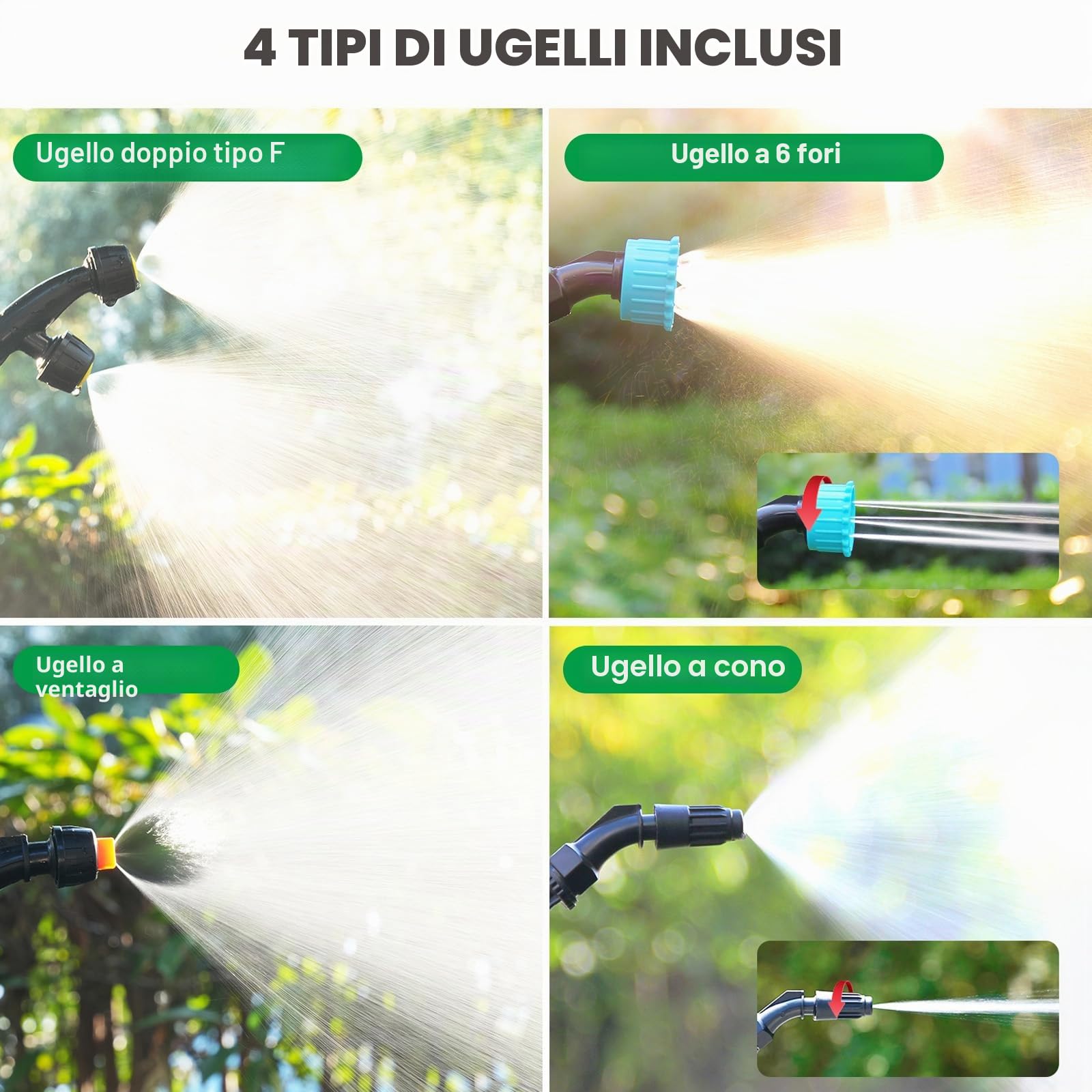 SYLSTAR Pompa Irroratrice a Batteria da 5L, 3 Velocità di Pompa Irroratrice,7.4V Spruzzatore Forte con Indicatore di Batteria, 4 Ugelli Regolabili Nebulizzatore Piante per Giardino (Verde)