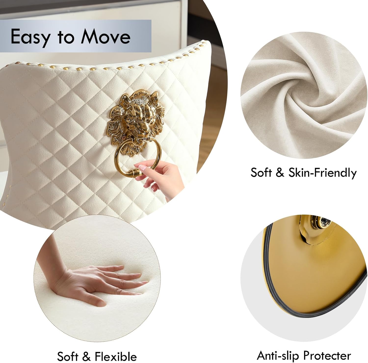 Gold Barstools Set of 2,Velvet Bar Height Stools with Lion Pull Ring,Upholstered Swivel Counter Height Stools with High Tufted Back,Modern Adjustable Bar Chairs for Kitchen Island/Cafe, Cream