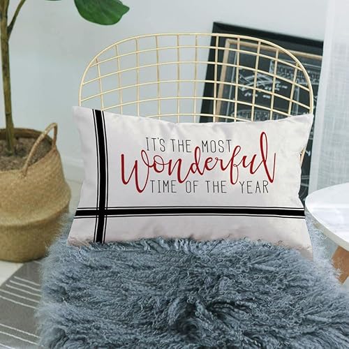 Miniatura 3 de GTEXT Funda de almohada navideña con texto en inglés "I't the most wonderful time of the year", funda de almohada de lino de 20 x 12 pulgadas