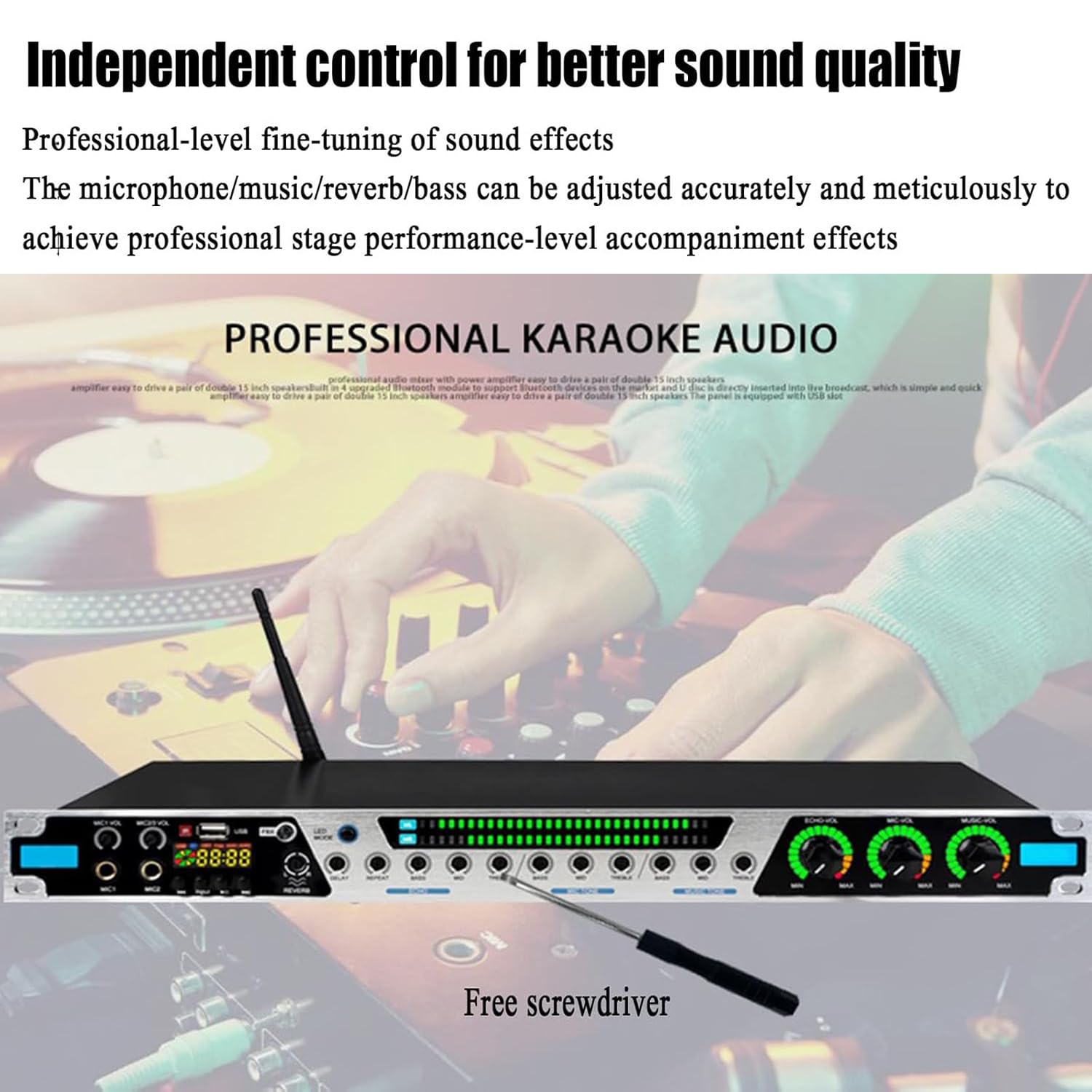 Mezclador de karaoke digital con reverberador, entrada Bluetooth/USB/fibra/coaxial, procesador de audio antiaullidos, 7 ritmos intermitentes de luz para un rendimiento