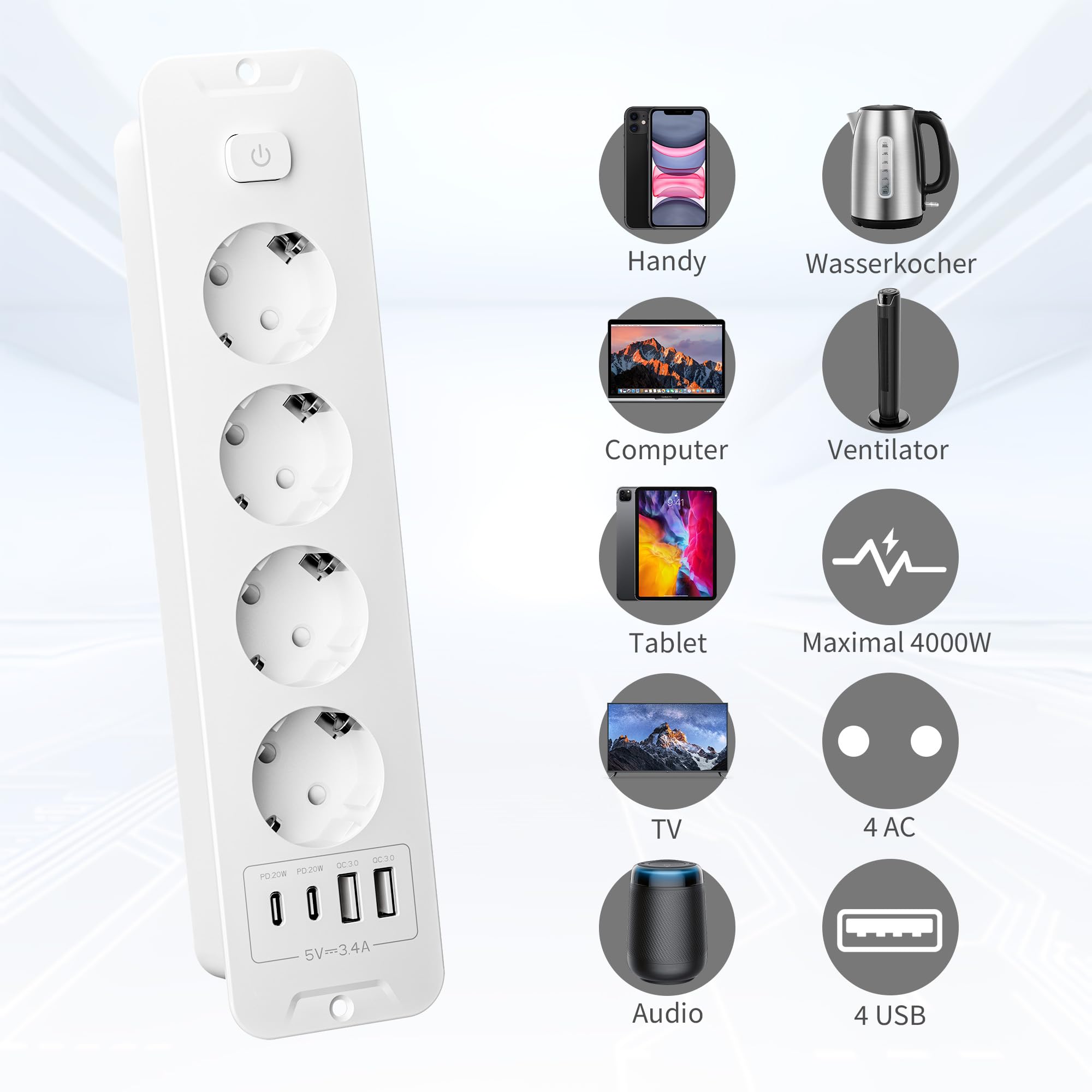 HITRENDS 4-voudig hoekstopcontact met USB en 2 type C, meervoudige stekkerdoos met 2 schakelaars en led-nachtlampje, tafelstopcontact (3680 W 16 A), voor keuken, kantoor, overspanningsbeveiliging, 1,5 HITRENDS 4-voudig hoekstopcontact met USB en 2 type C, meervoudige stekkerdoos met 2 schakelaars en led-nachtlampje, tafelstopcontact (3680 W 16 A), voor keuken, kantoor, overspanningsbeveiliging, 1,5