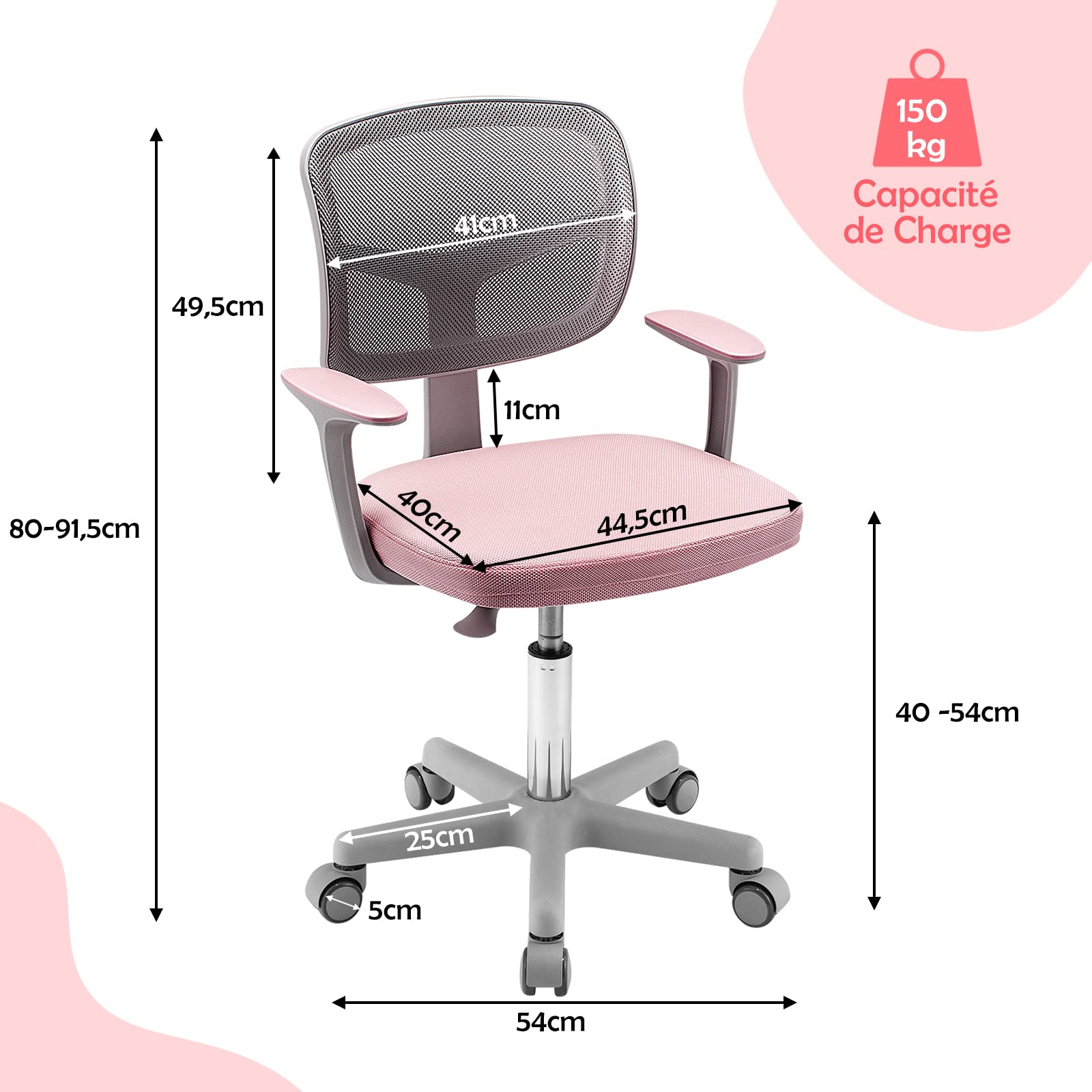 COSTWAY Chaise de Bureau Pivotante Enfants avec Hauteur Réglable 80-91,5cm, Siège à roulettes Enfants avec Dossier & Accoudoirs Ergonomique, Coussin Amovible, Charge 150kg pour 3-10 Ans