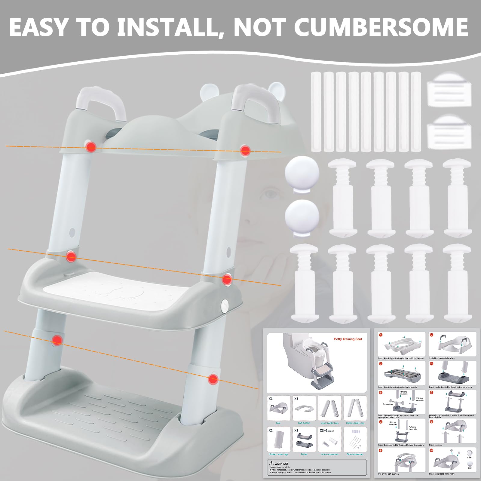 FAMKEEP Réducteur Toilette Enfant avec Escalier,Abattant WC Antidérapant Échelle Réducteur,Pliable et Réglable,Siège de Toilette Enfant avec PU Coussin Moelleux,Adapté Toilettes en Forme de V, U, O