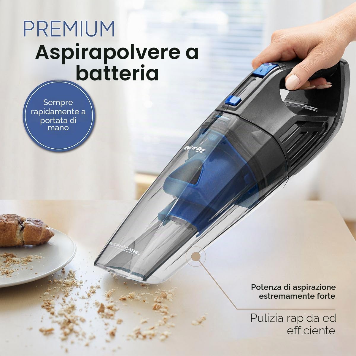 PROFI CARE PC-AKS 3034, 3034-Aspirapolvere, 2 in 1, per Bagnato e Secco in Uno, Adatto a Tutte Le superfici, Potente Batteria agli ioni di Litio da 14,8 V, Colore, Alluminio, Blu-Antracite