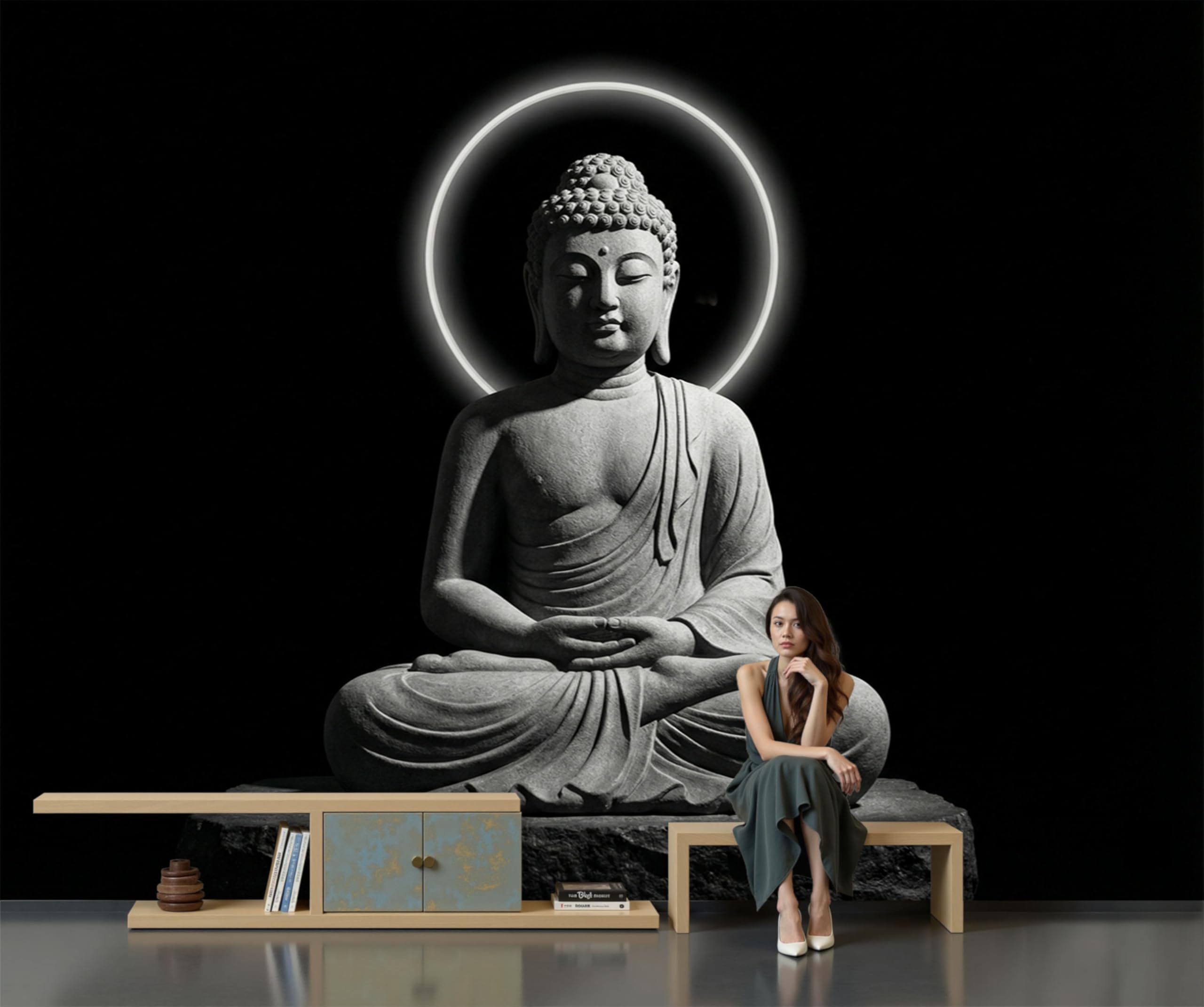 Carta Da Parati Fotografica Statua Minimalista Pietra Meditazione Panorama Piante Nero, Tranquillo Paesaggio Zen Carta Per Pareti Soggiorno Camera Da Letto Fotomurali In Tessuto Non Tessuto, 350X256Cm