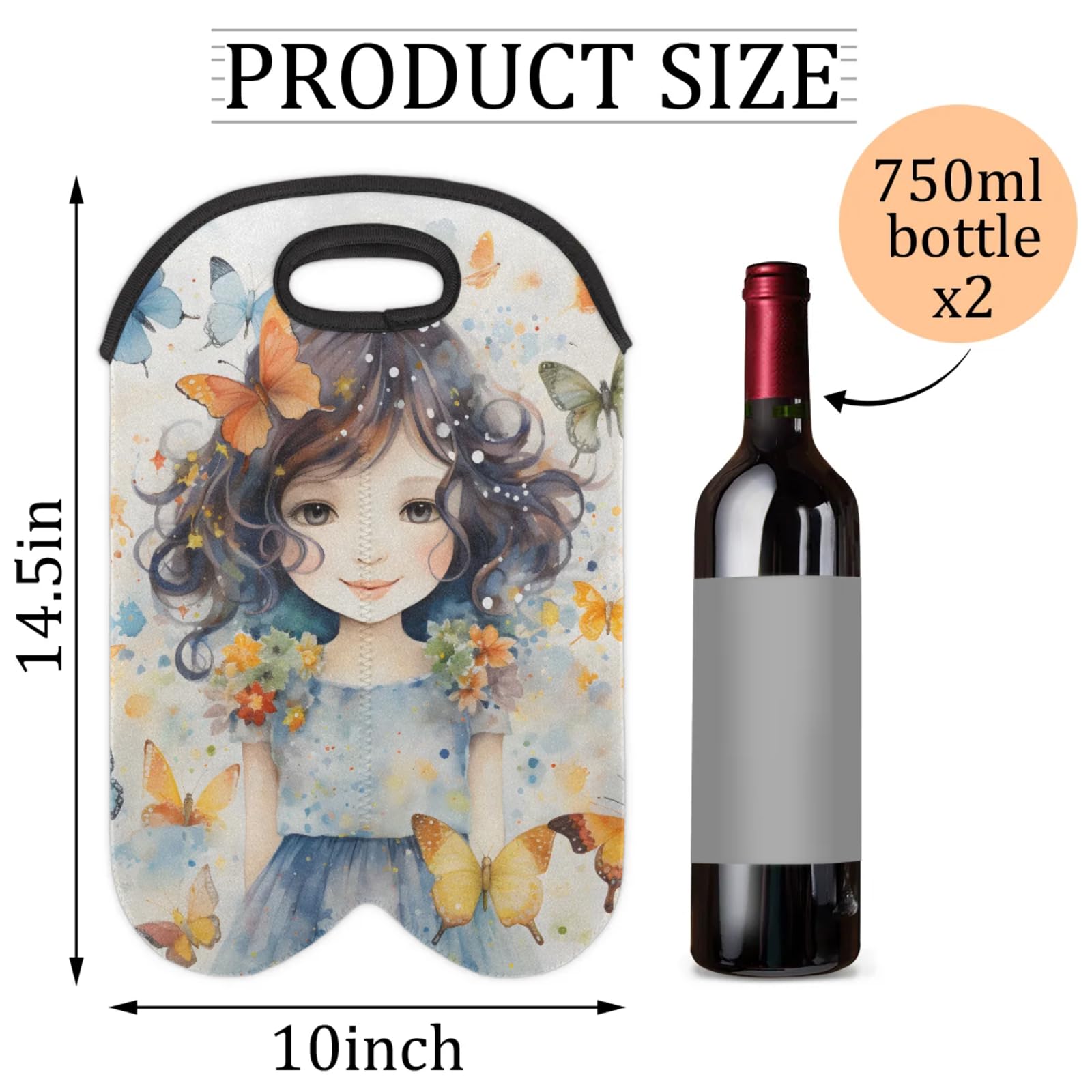 GzLeyigou 2 Bottles Girl Wine Bag Sleeve Totes Butterfly Neoprene Protective Wine Carrier Bag for Wine,Water, Champagne, Beer, Baby Bottles,Gift 14.5 x 10 Inches