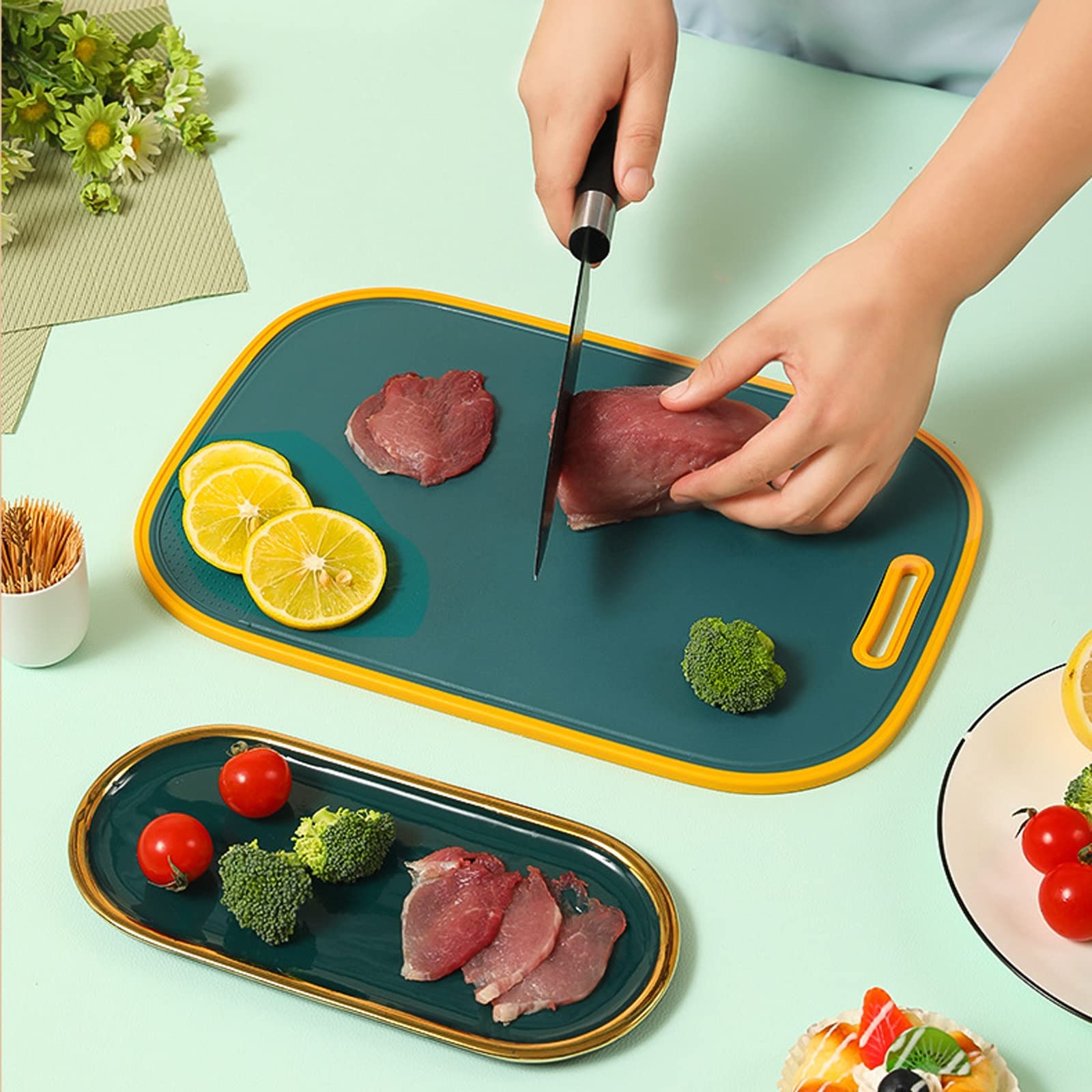 Tabla de cortar con paja de trigo, tabla de cortar para el hogar, tabla de cortar de plástico para cortar frutas (gris, M)