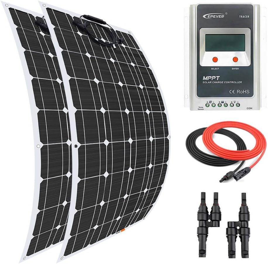 Giosolar Solar Panel 200 Watt 12 Volt Flexible Solar Panel Kit Battery Charger Monocrystalline with 20A LCD MPPT Charge Controller for Boat Caravan Off-Grid