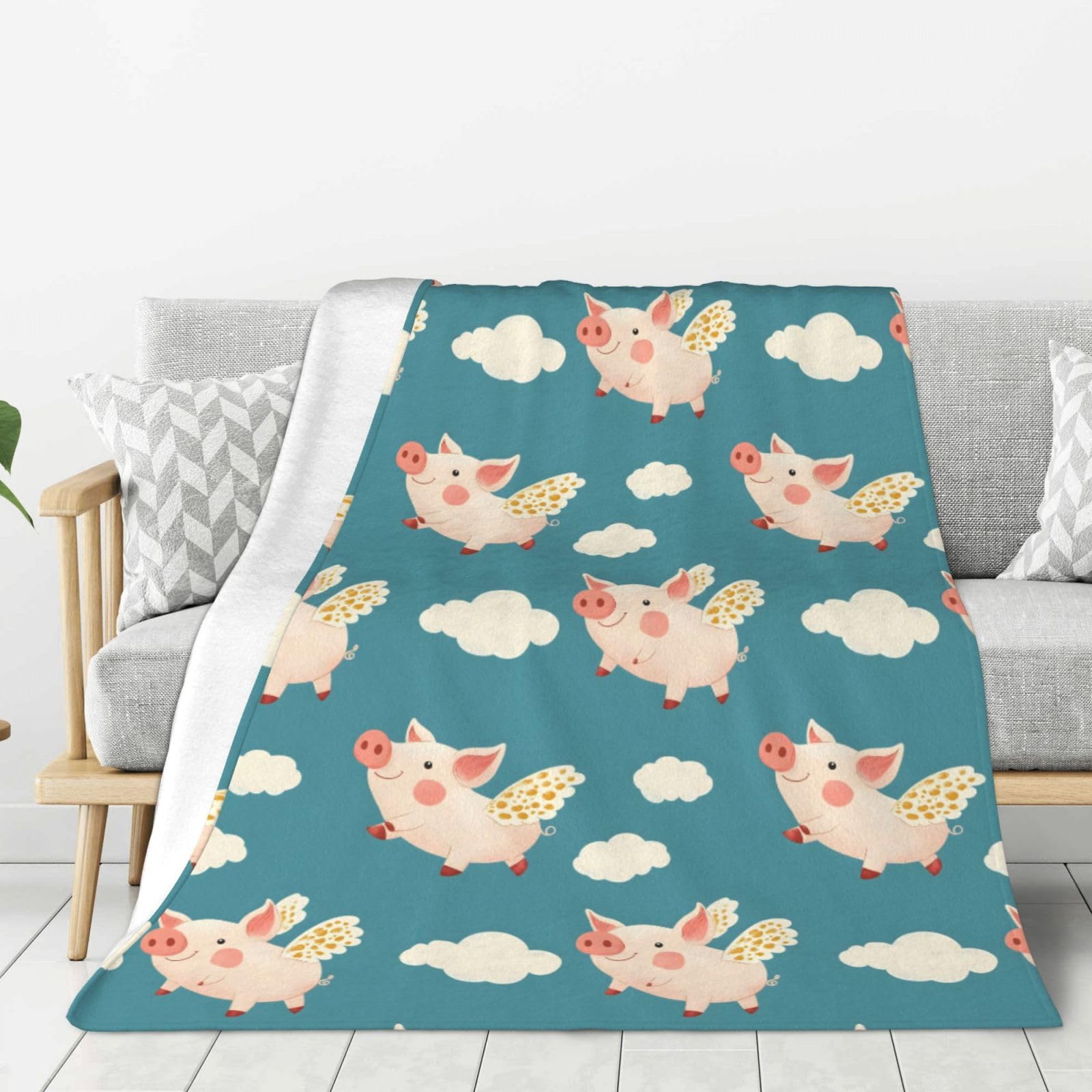 Couverture douce pour lit flanelle imprimé ailes de cochon plaid toutes saisons
