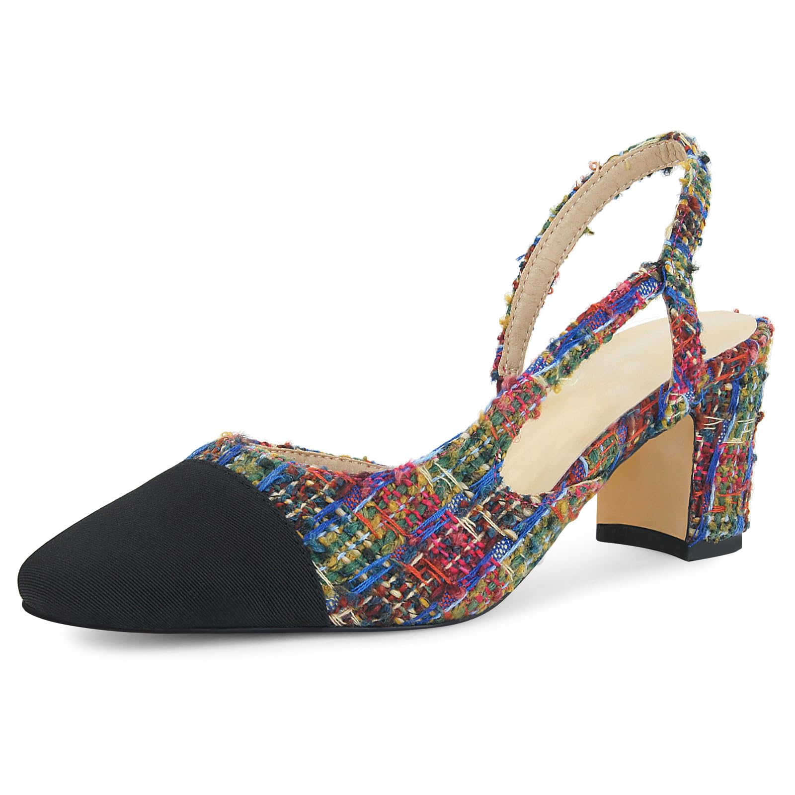 MICIFA Slingback Heels for Women，Round Toe Chunky Heeled Pumps Ankle Strap Fashion Splicing Dress Shoes