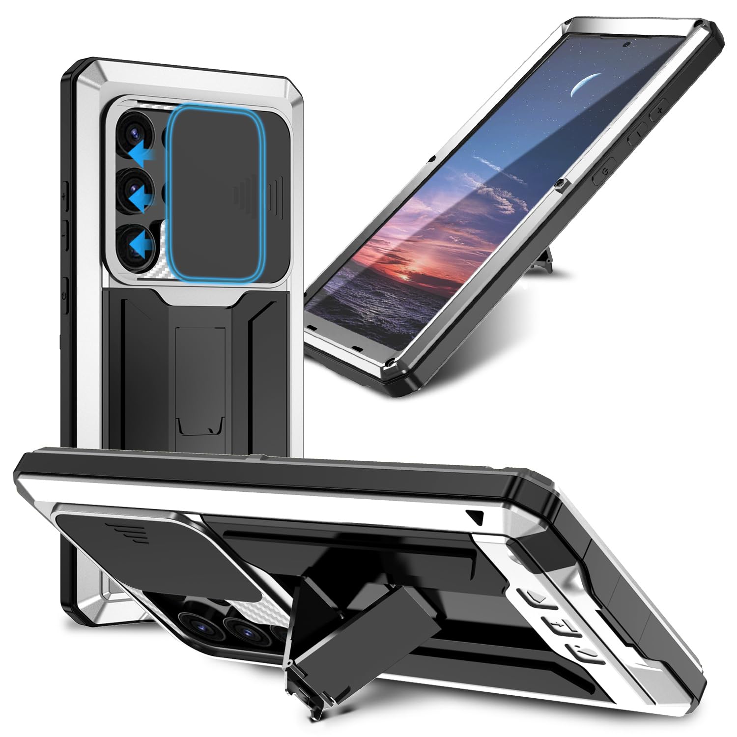 Compatible For Samsung Galaxy S24 Ultra Metal Case,Heavy Duty Dust Proof Military Grade Rugged Case with Sliding Camera Cover and Built-in Foldable
