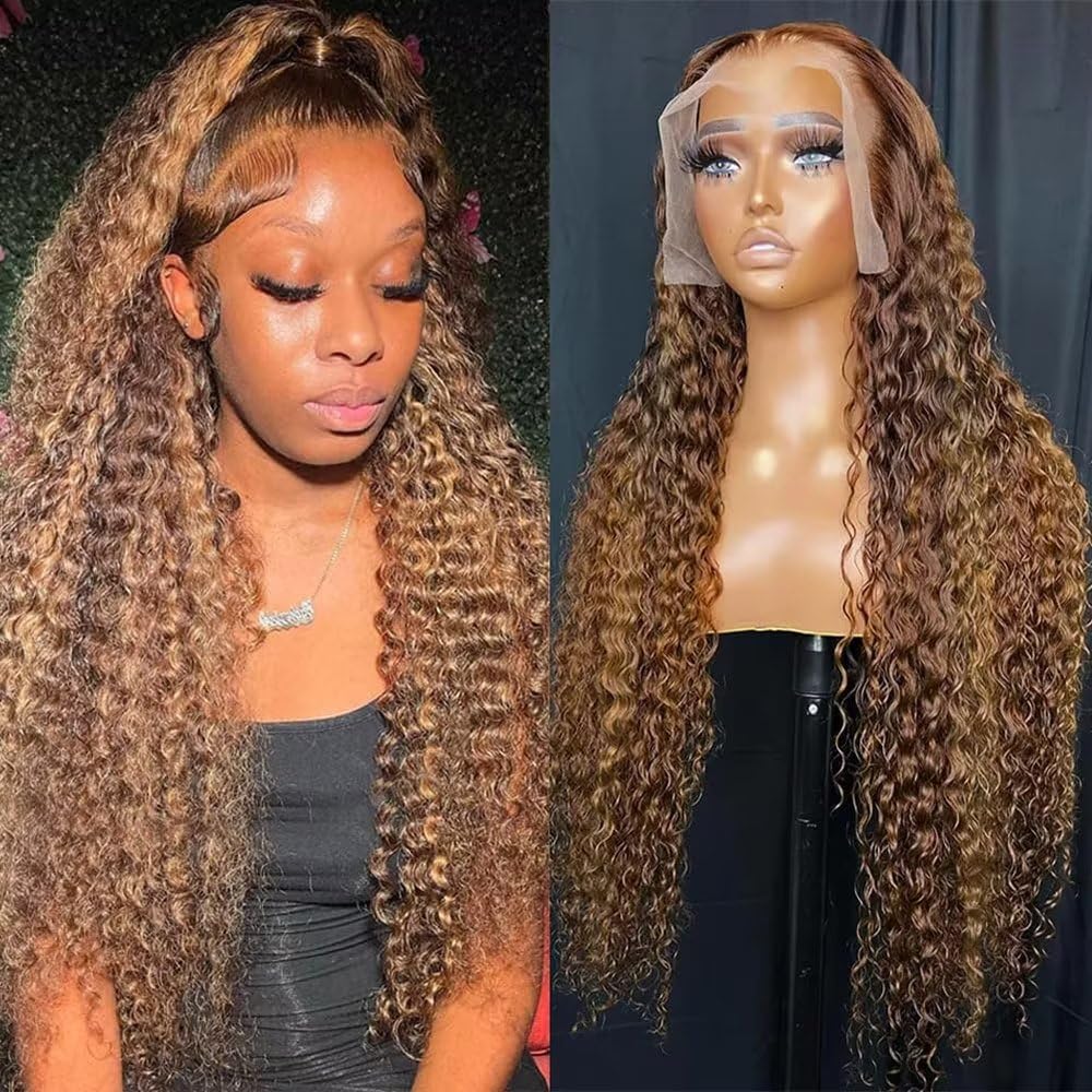 Water Wave Ombre Highlight Frontal Wig 13x6 HD Transparent Lace Front Wigs Human Hair Bye Bye Knots 180% Density Brazilian Deep Wave Wet And Wavy Human Hair Wigs for Black Women Pre Bleached 26 inch