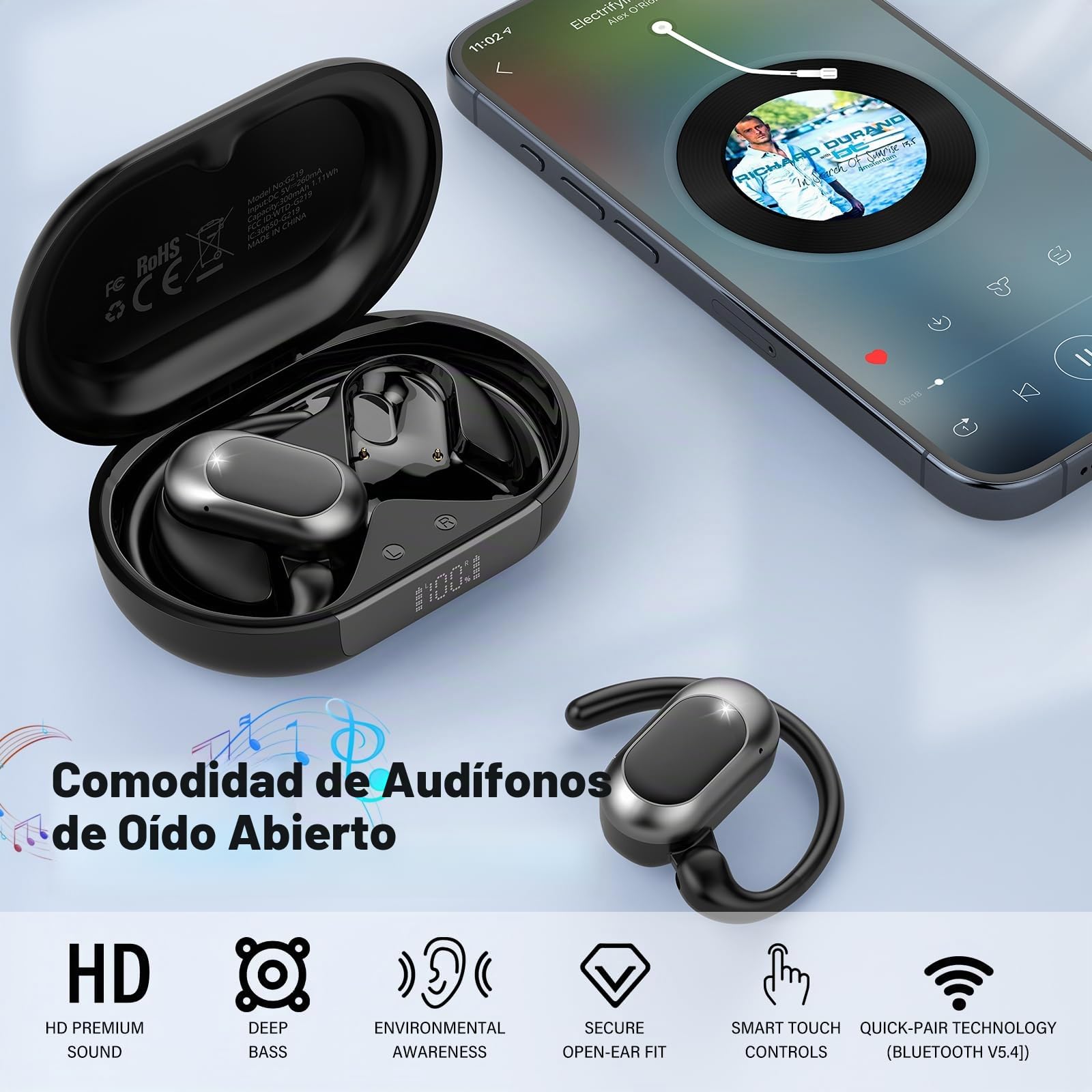 Auriculares Open Ear, Auriculares Inalámbricos Deportivos Abiertos con Ajuste Ceñido, Bluetooth 5.4 ENC Cancelación Ruido, Carga Rápida, 36H Batería, IPX7 Impermeable, Oreja Abierta Running y Oficina