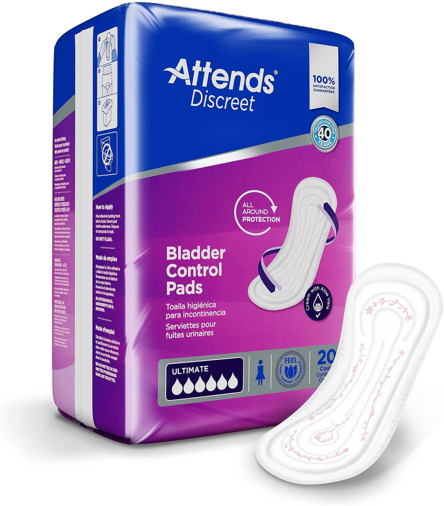 Discreet Incontinence Care Women's Bladder Control Pads with Advanced DermaDry Technology, Ultimate Absorbency, 15" Long, 200 Count