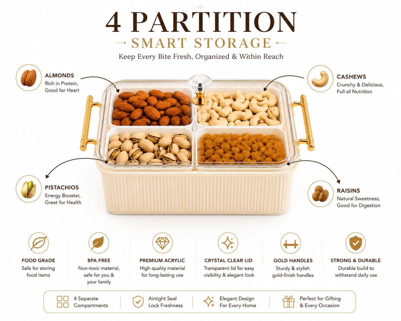 DARKFISH Dry Fruit Storage Box with Lid | 4 Compartment Acrylic Serving Tray, 25x23x10cm | BPA-Free, Gold Handles | Diwali & Wedding Gift Box | Snack & Nuts Organizer Tray, Ivory 4