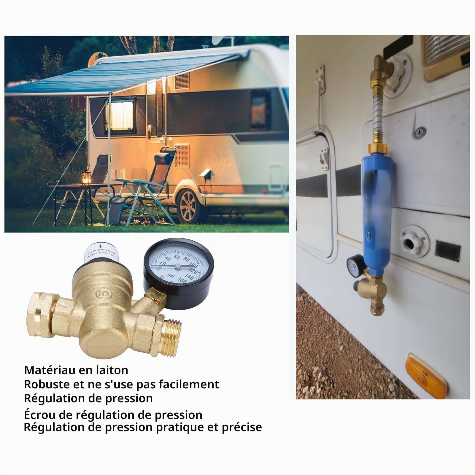 3/4 Pouce Reducteur De Pression Eau, Rv Regulateur De Pression D Eau RéGlable Avec 0-160 Psi Manometre Et Filtre, Laiton RéDucteur De Pression D'Eau Limiteur Pour Camping-Car Et Caravane
