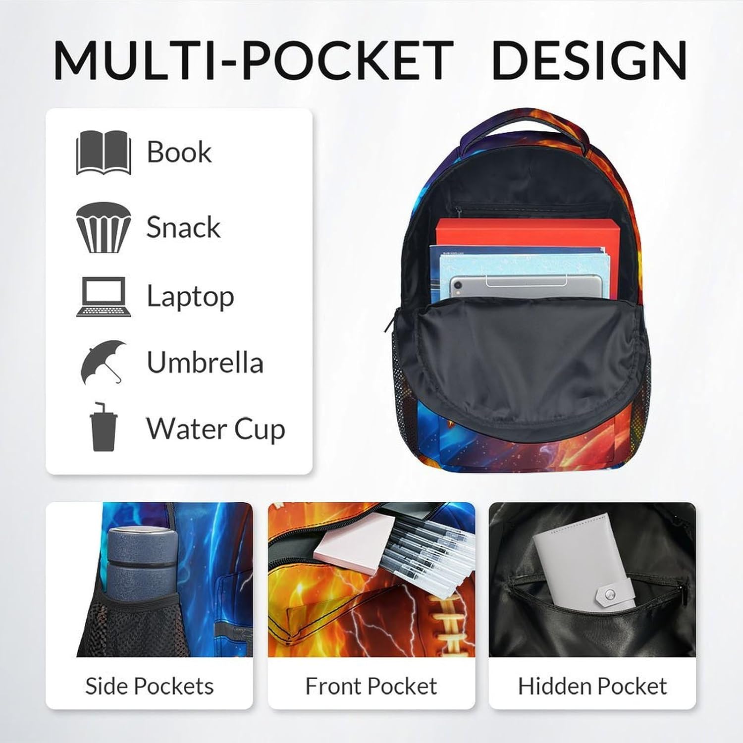 Kids Backpack, Personalized Football Backpacks for Boys, 17" Sports Bookbag for Primary, Custom Back to School Bag for Youth