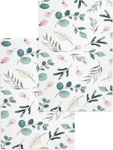 Kitchen Towel 2 Packs Cotton Waffle Weave, Watercolor Plants Leaves Flowers 16 x 24 Inch Absorbent Quick Drying Dish Towels Clothes for Kitchen