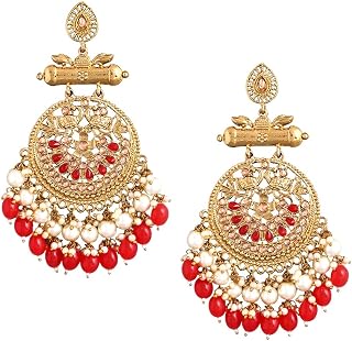 Yellow Chimes Ethnic Gold Plated Meenakari Traditional Kundan Studded Floral Design Pearl Chandbali Earrings for Women and... Price In India