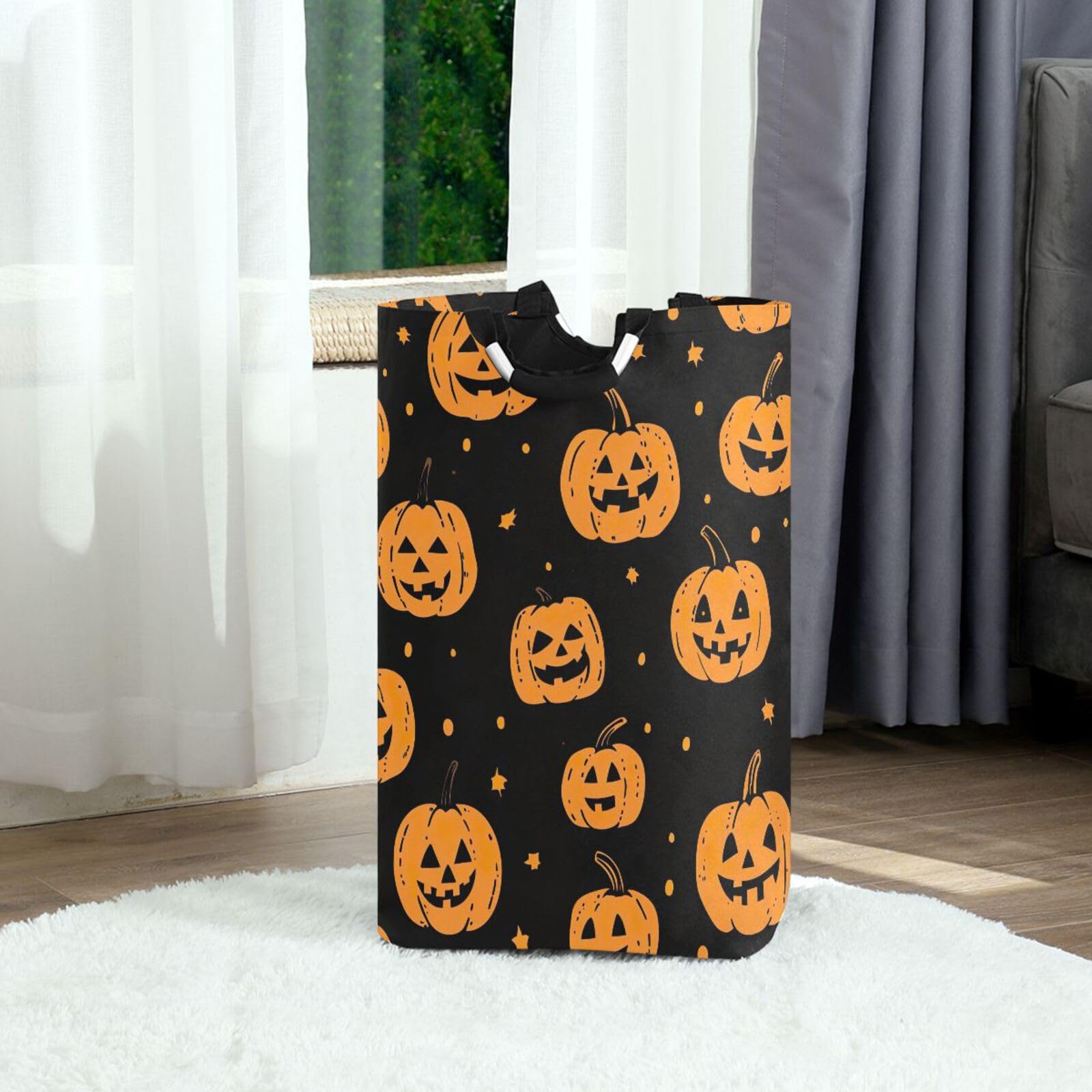 Jihqo Laundry Hamper Basket Halloween Funny Pumpkin Collapsible Nursery Storage Bin Waterproof Clothing Baskets for Home Bedroom Bathroom Washing Room