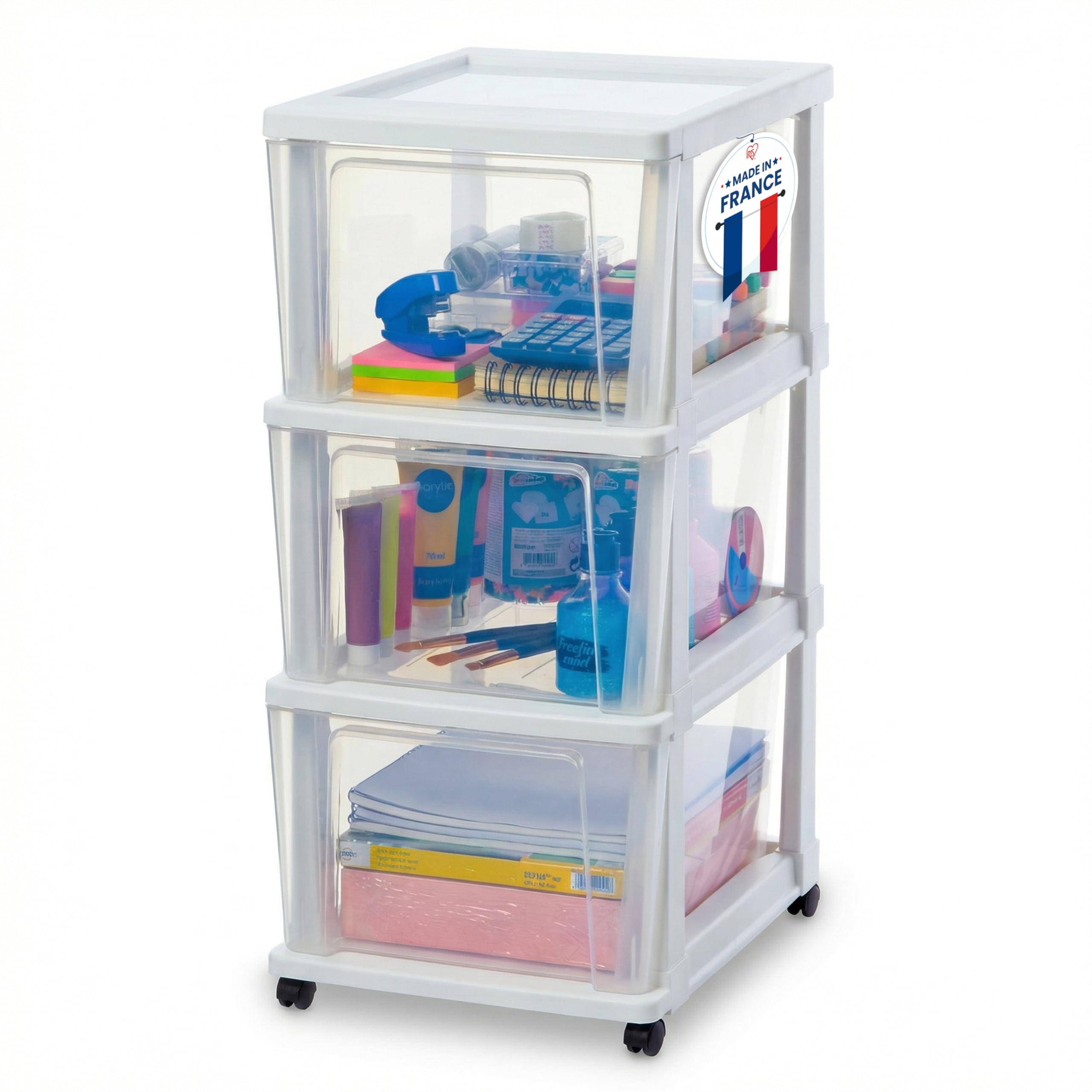 Organisateur à roulettes pour salle de bain et chambre avec 3 grands tiroirs