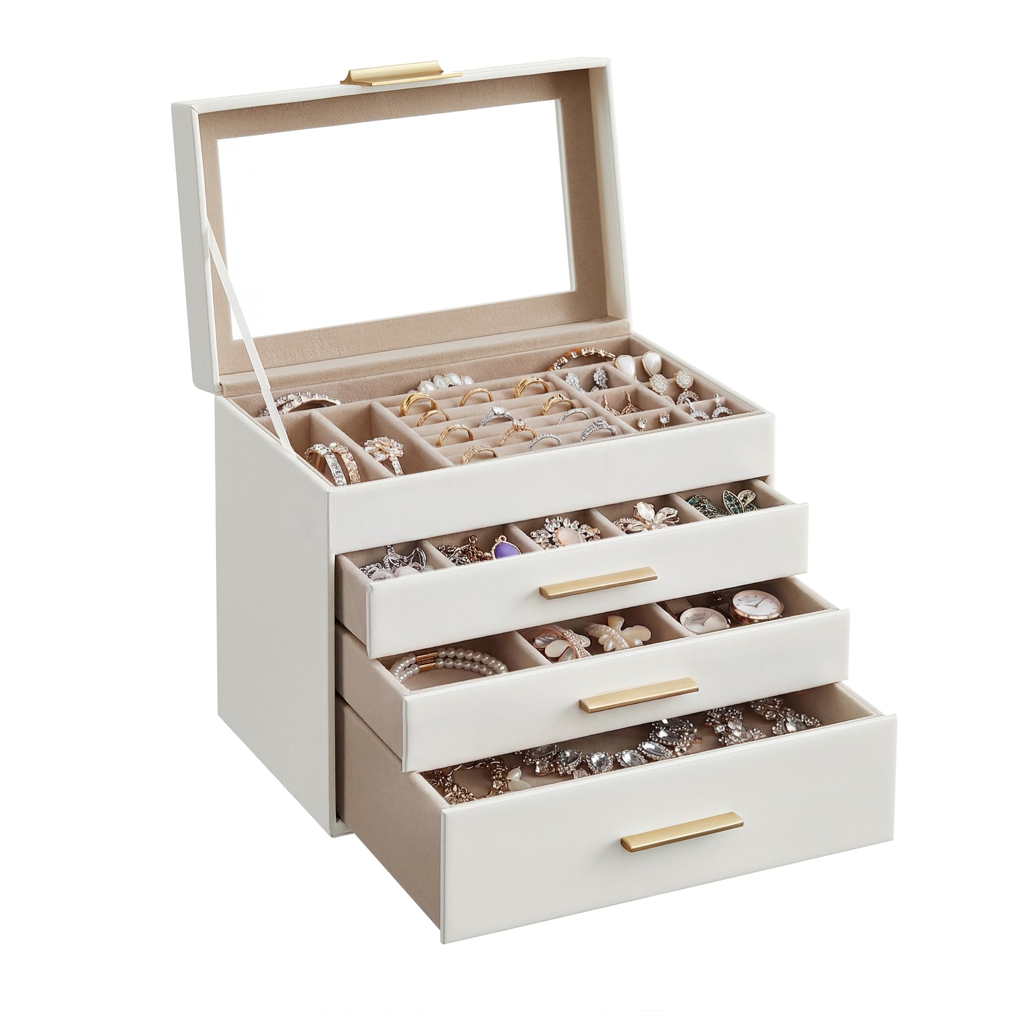 SONGMICS GISELLA Kollektion - Schmuckkästchen, Schmuckkasten mit 4 Ebenen, Schmuckbox mit Glasdeckel, 3 Schubladen, für Sonnenbrillen, Schmuckaufbewahrung, modern, wolkenweiß-golden JBC161W01