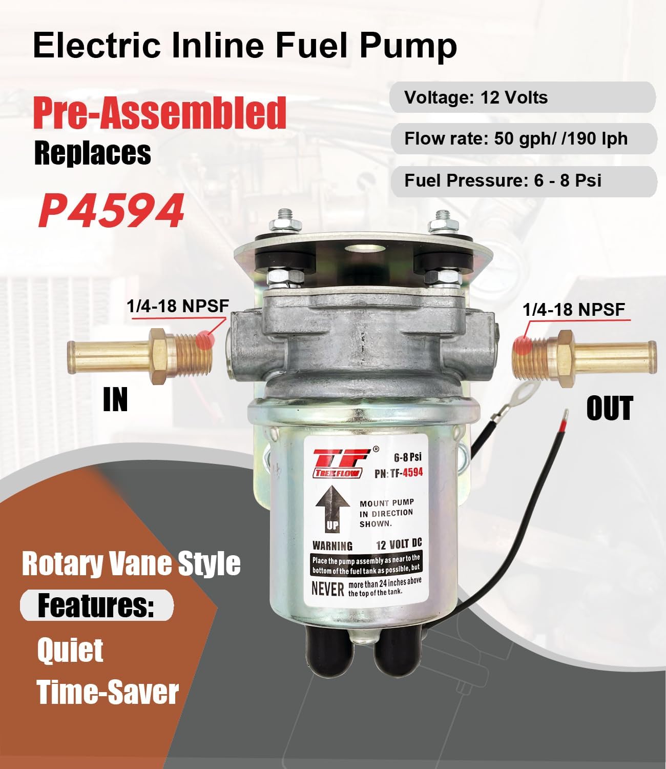 P4594 replacement Electric Fuel Pump 12V 6-8 Psi fuel pump pre-assembled universal rotary vane for automotive replacement (wiring attachment improved)