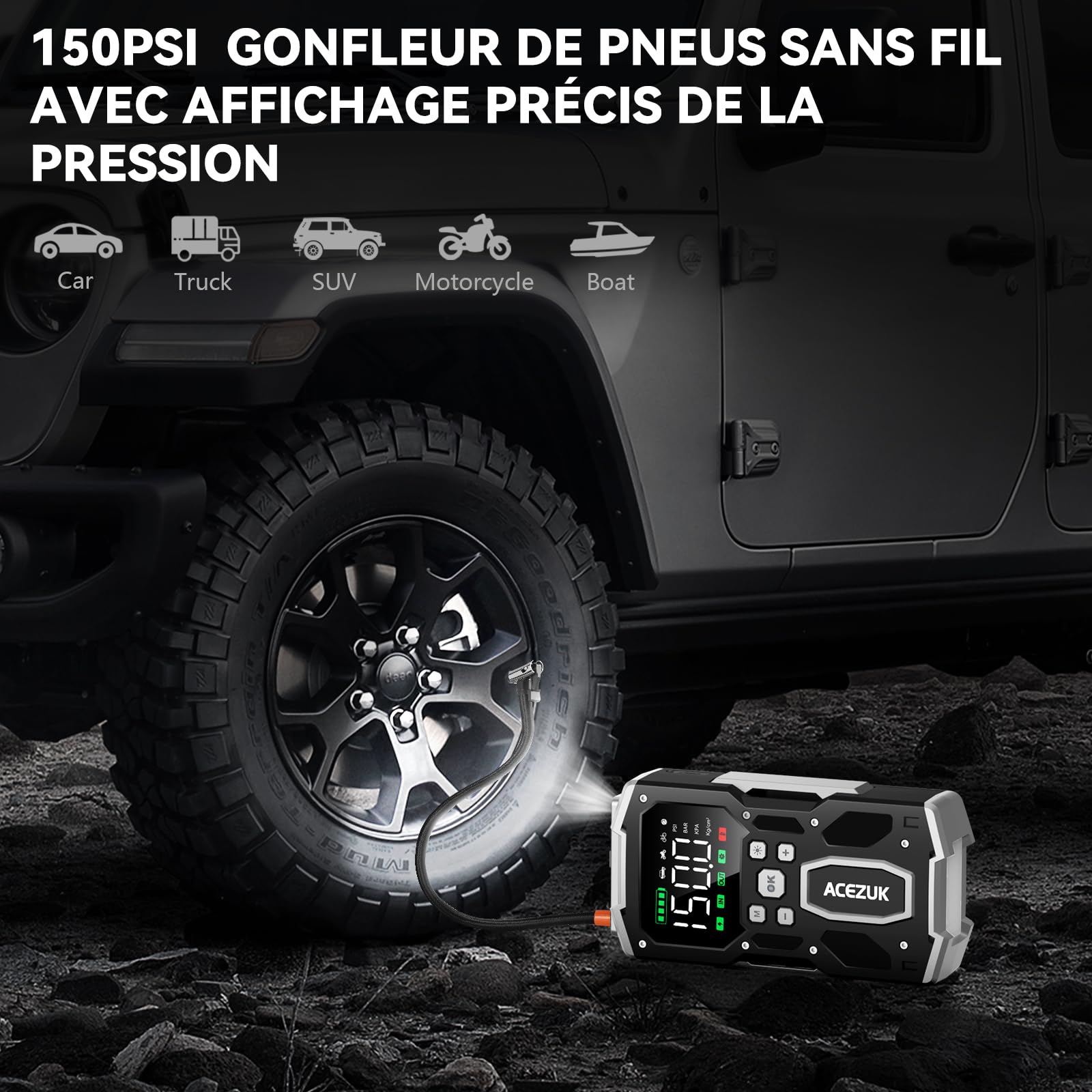 ACEZUK - Arrancador de batería de Coche con compresor de Aire, 4000 A, inflador de neumáticos de 150 PSI, 26 800 mAh, 12 V, para Coche de Gasolina o diésel de 10 L, led de 4000 lúmenes