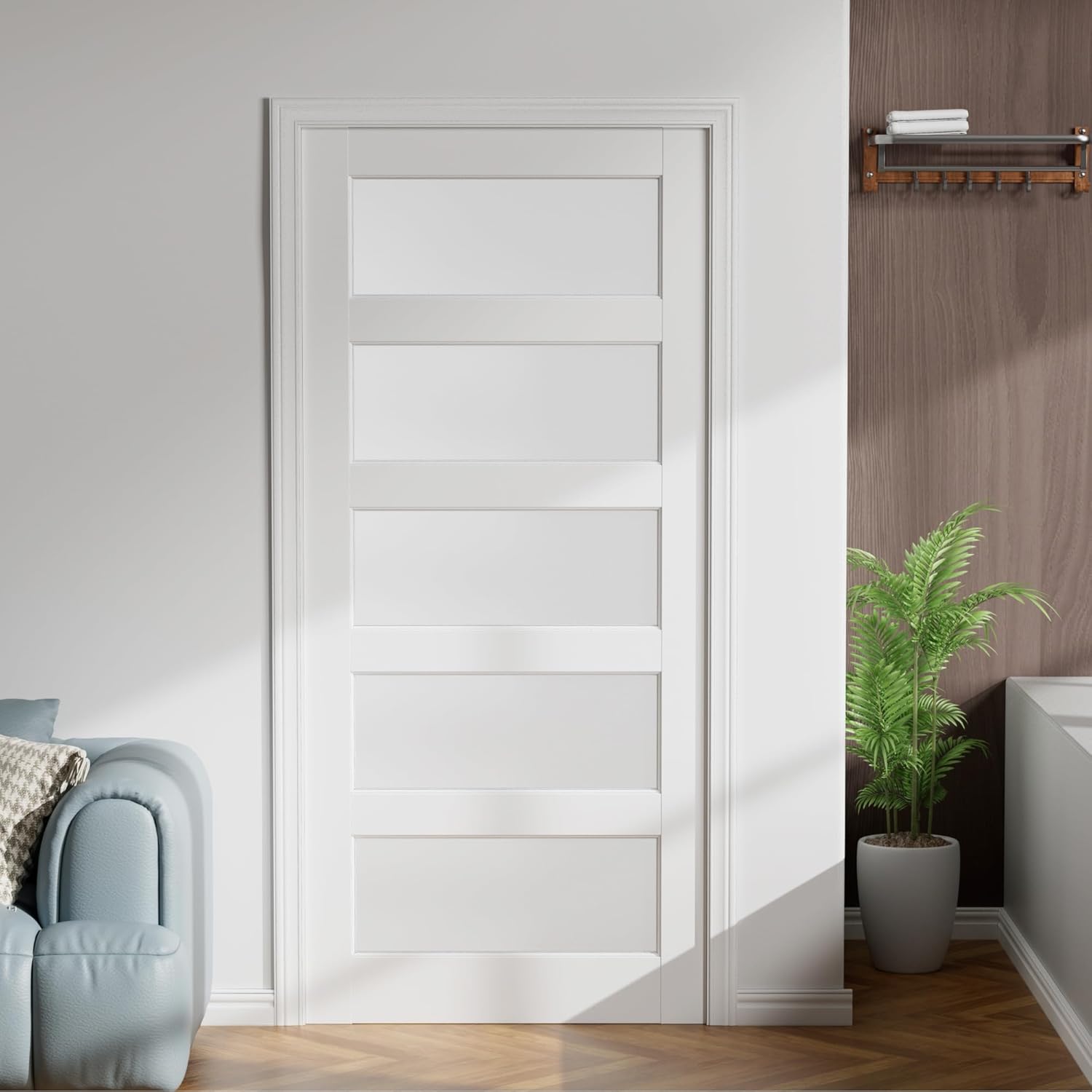32"x 80" 5-Lite Frosted Glass French Interior Slab Door, Pre-Assembled Solid Wood Panel for Bedroom Closet Laundry Pantry Bathroom White Pre-Finished Surface Paintable, w/o Hardware