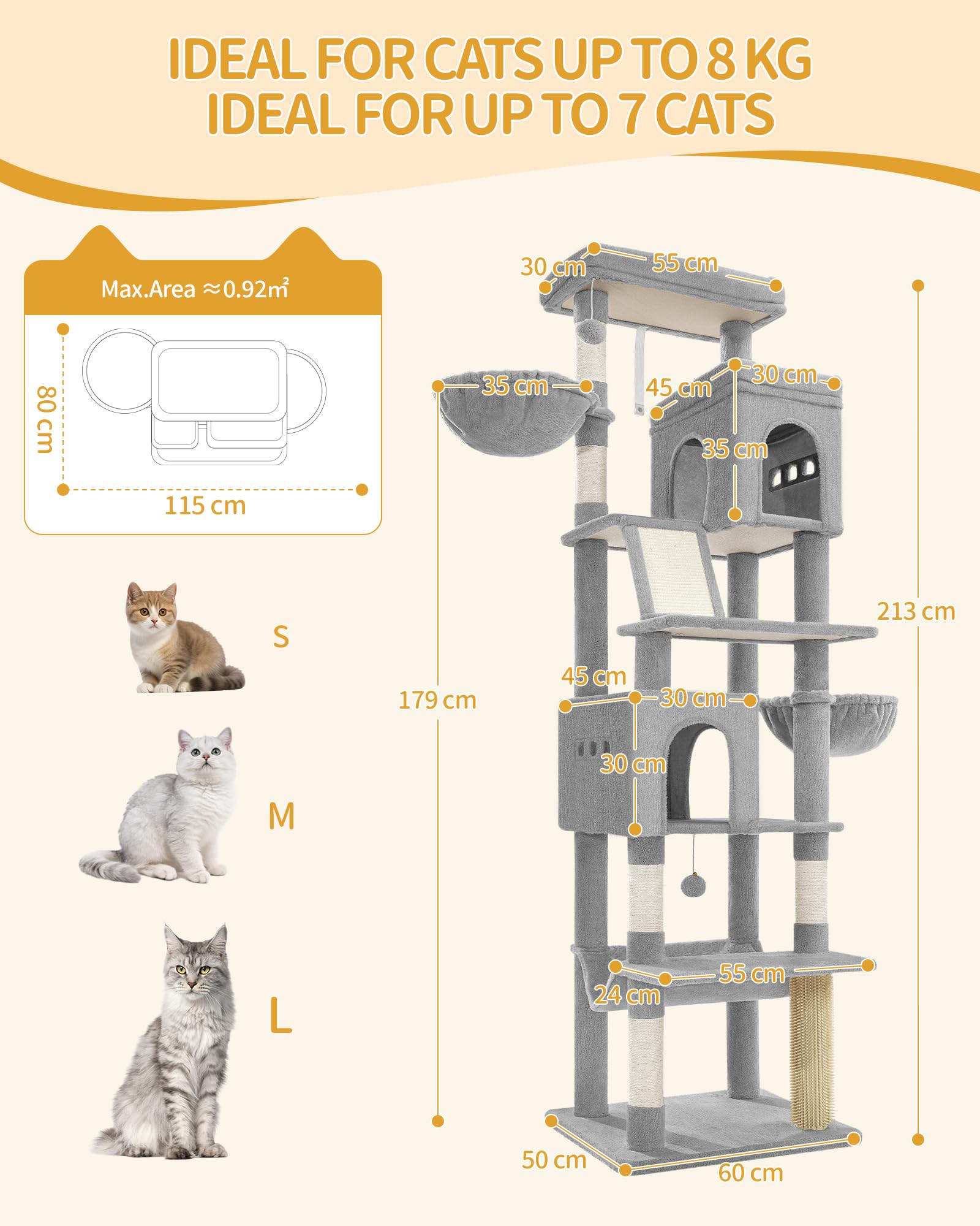 Hzuaneri Albero Tiragraffi Grande per Gatti, Torre per Gatti da Interno 213 cm con 2 Grandi Piattaforme, 2 Grotte, 2 Ceste, Amaca e 5 Pali, per Tutte le Razze di Gatti, Grigio Chiaro, MS21318LG