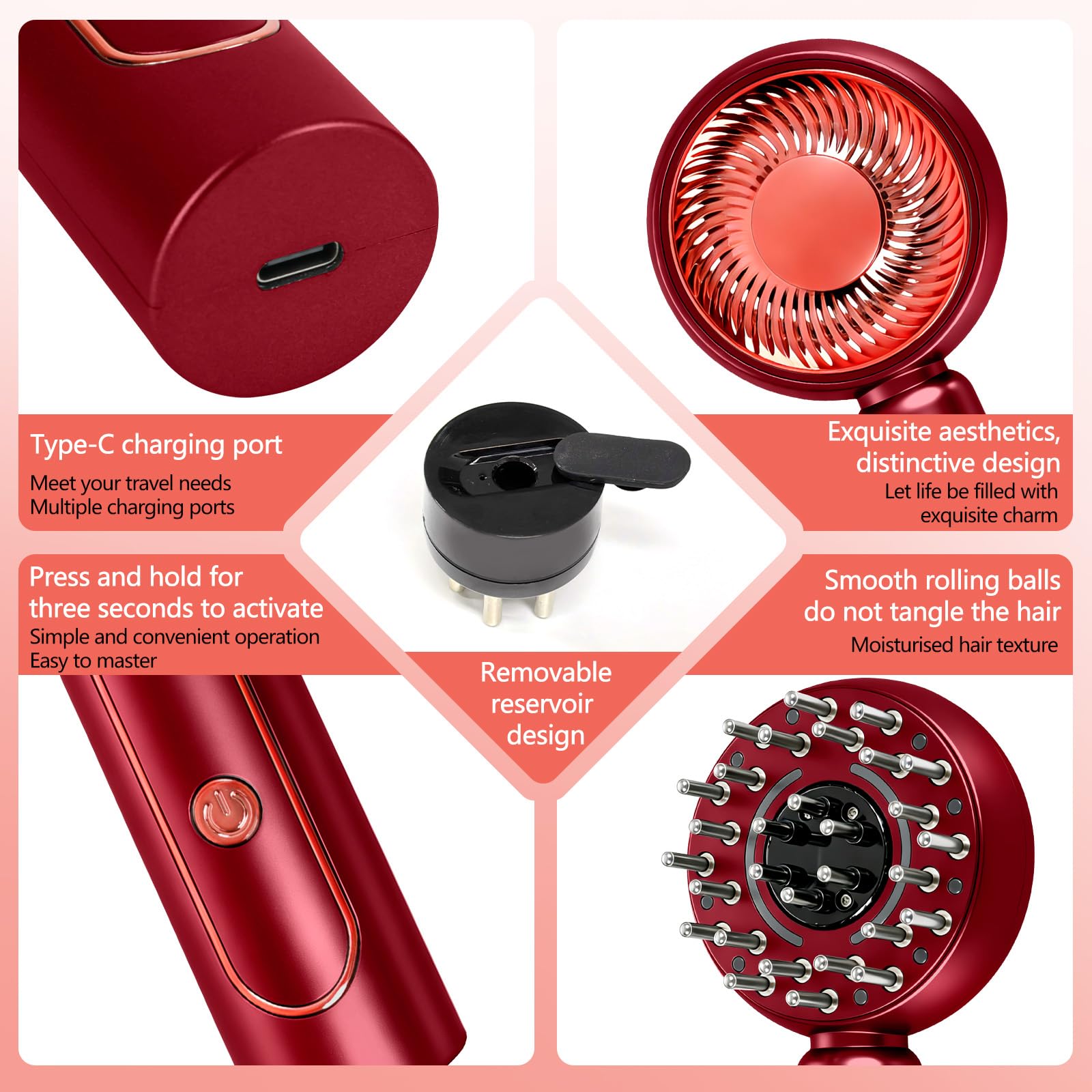 Spazzola elettrica per massaggio del cuoio capelluto, massaggiatore elettrico per cuoio capelluto 2 in 1, applicatore di olio per capelli con luce rossa, 4 modalità di massaggio e cura del (Rosso)