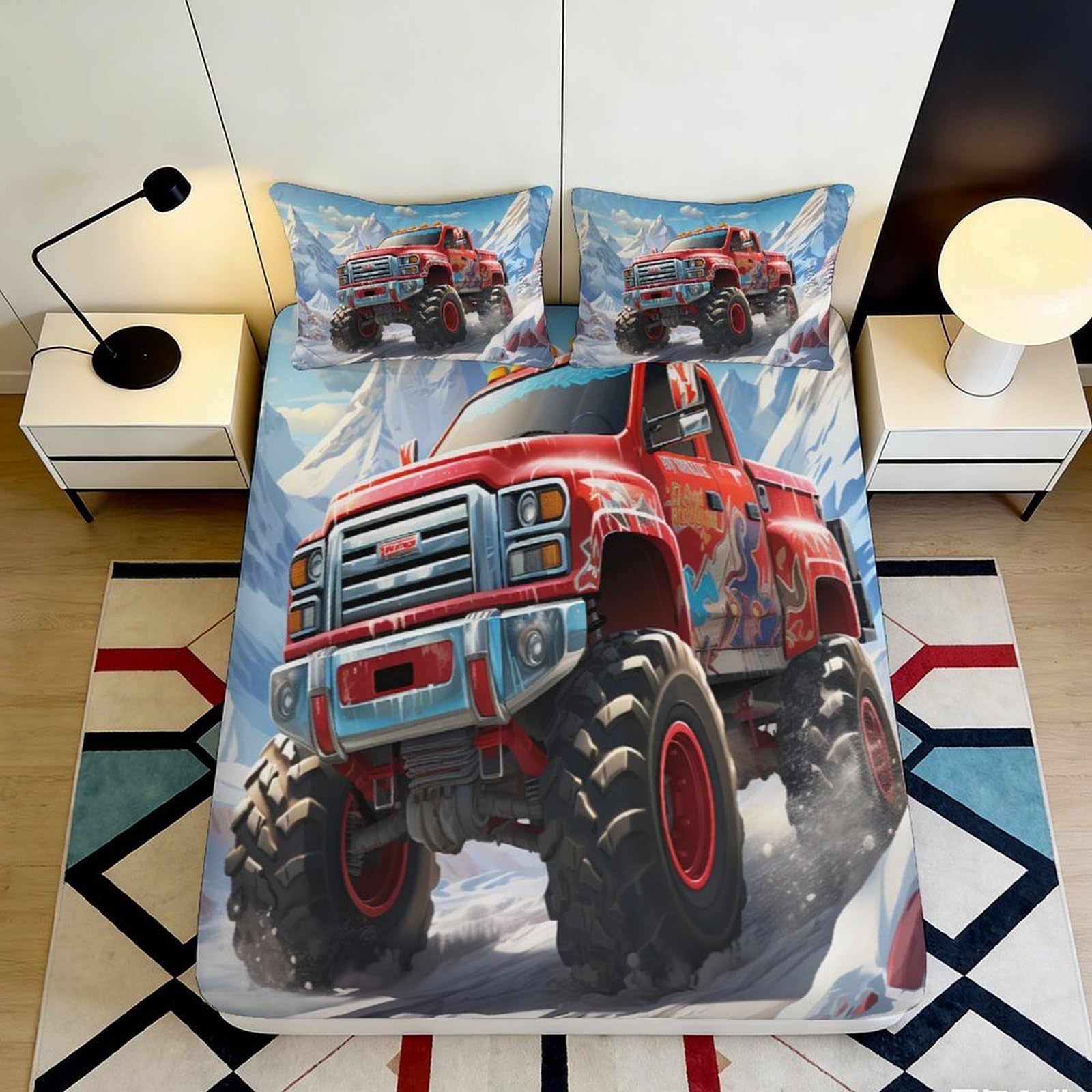3D Printed Red Monster Truck Fitted Sheet Microfiber Durable Soft 3D Printed Snow Mountain Bed Cover for Bedroom Dormitory Guest Room Mattress Protection 200x200x25cm