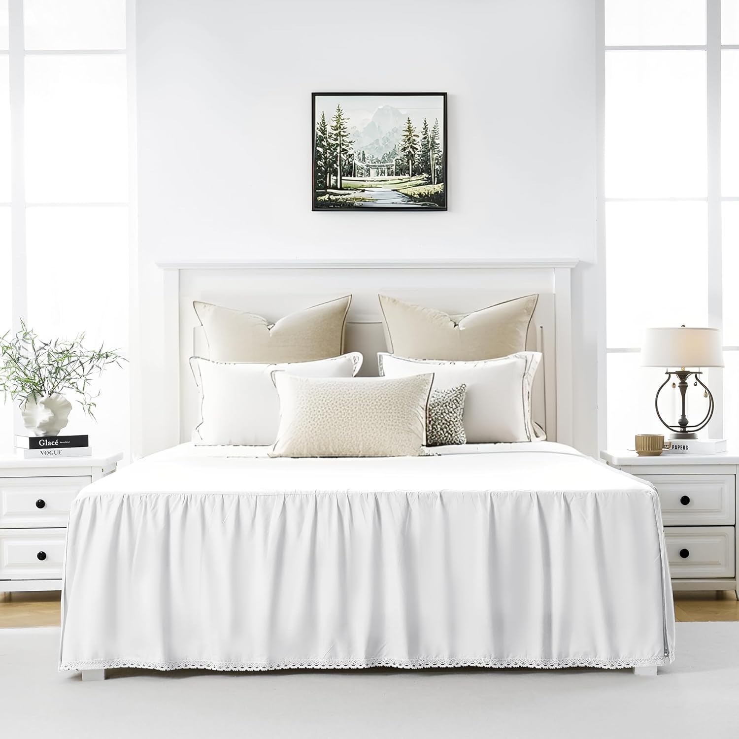 Full Size 14 inch Drop White Dust Ruffle, 100% Lightweight Cotton Ruffled Bed Skirt, French Coutry Style, Lace Ruffled Bed Skirt with Split Corners, Machine Washable