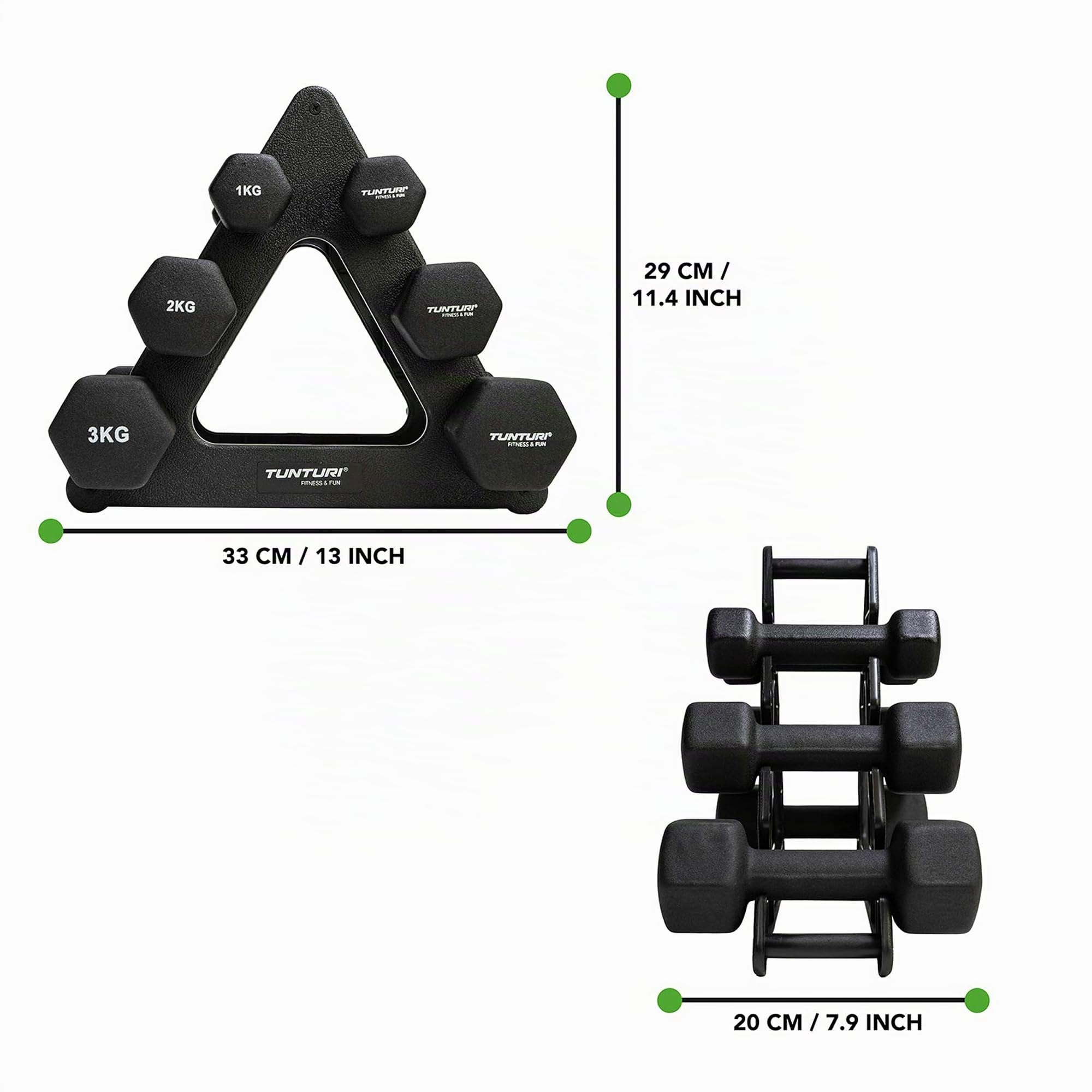 Tunturi 6er Set Kurzhanteln mit Rack, Hantelset mit je 2 x 1 kg, 2 kg, 3 kg, Kurzhantelset, Hanteln aus Gusseisen