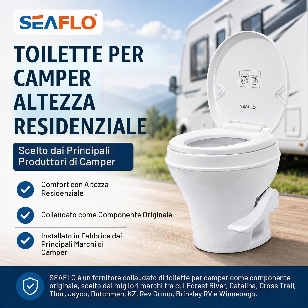 SEAFLO, WC per camper con altezza stile WC domestico da 46,7 cm, pedale con scarico a gravità, si adatta alla maggior parte dei camper (distanza di installazione di 24,1 cm), sedile con chiusura