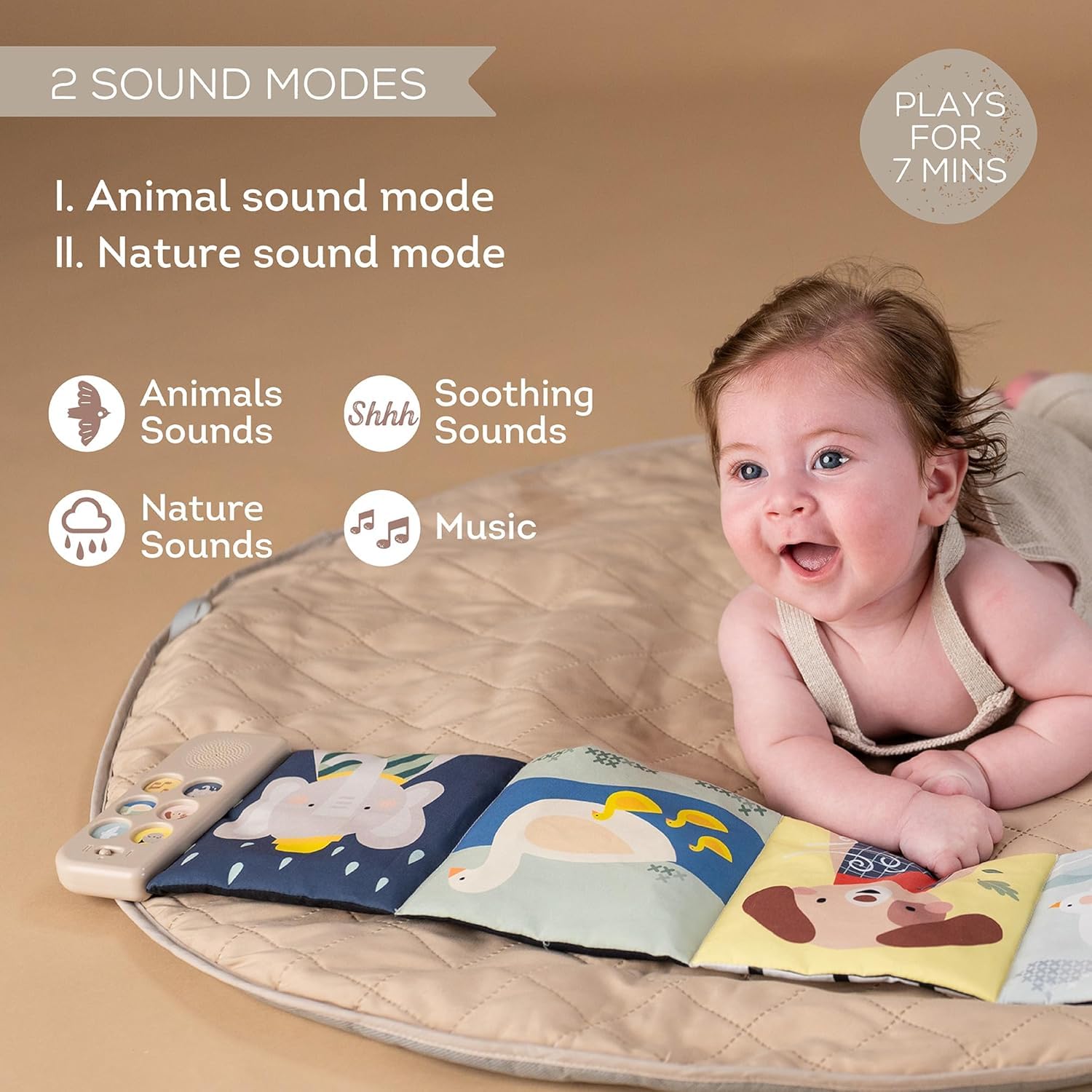 Taf Toys Livre des Sons Apaisants Bébé – Livre Musical en Tissu Double Face – 12 Sons & Mélodies – Noir & Blanc + Couleurs – À Fixer au Lit ou Poussette – Dès la Naissance 13835